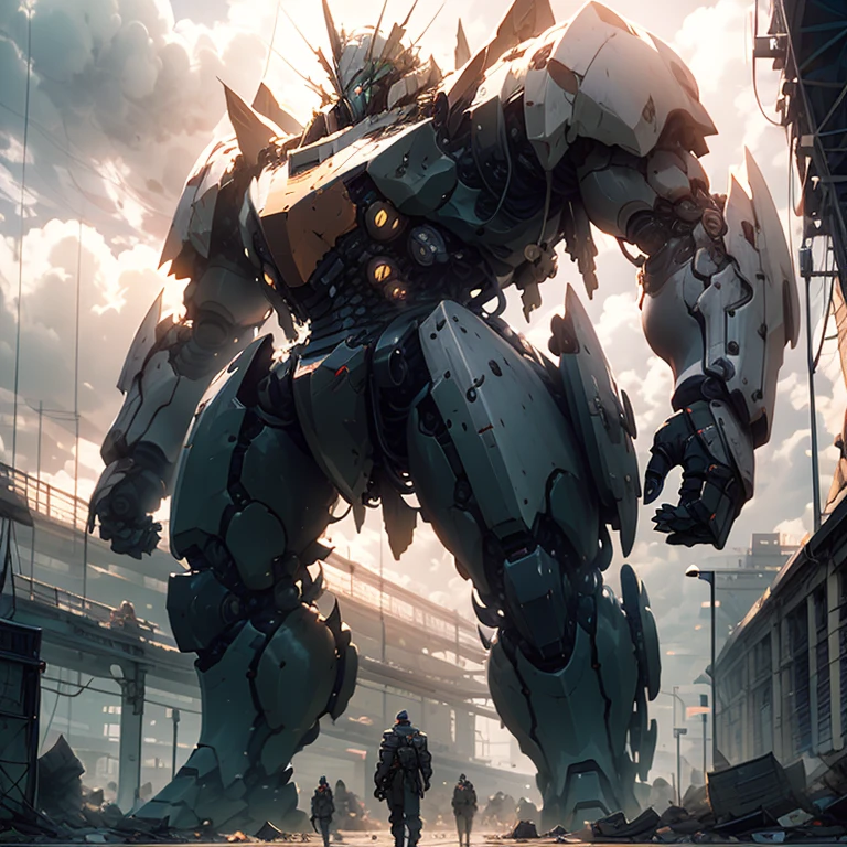 huge robot,Humanoid,battlefield,Thick silhouette,military,ruins,Desolation