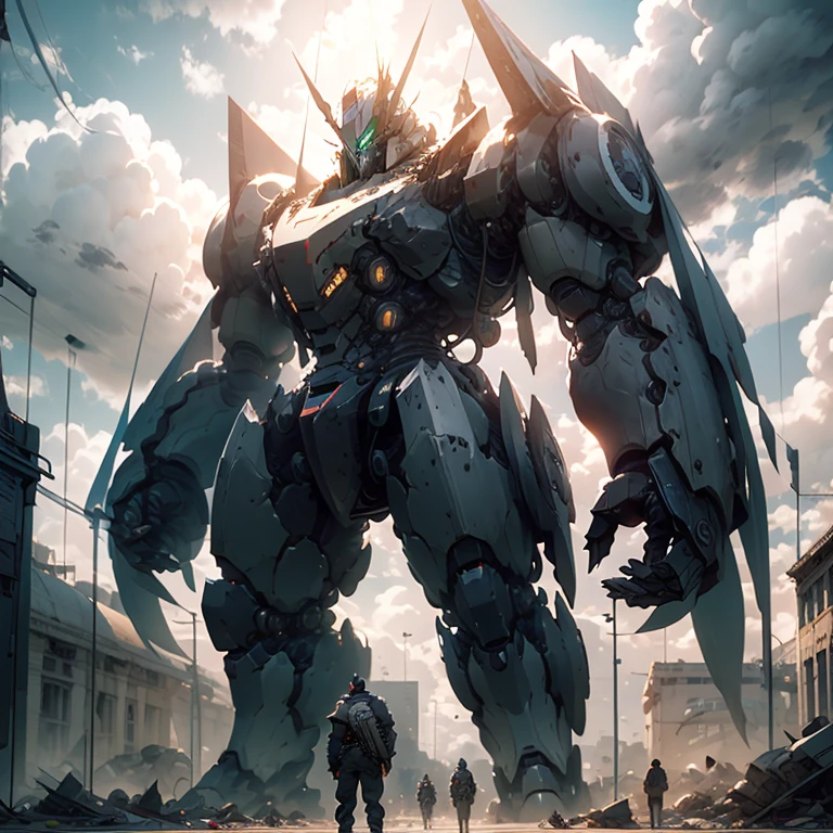 huge robot,Humanoid,battlefield,Thick silhouette,military,ruins,Desolation