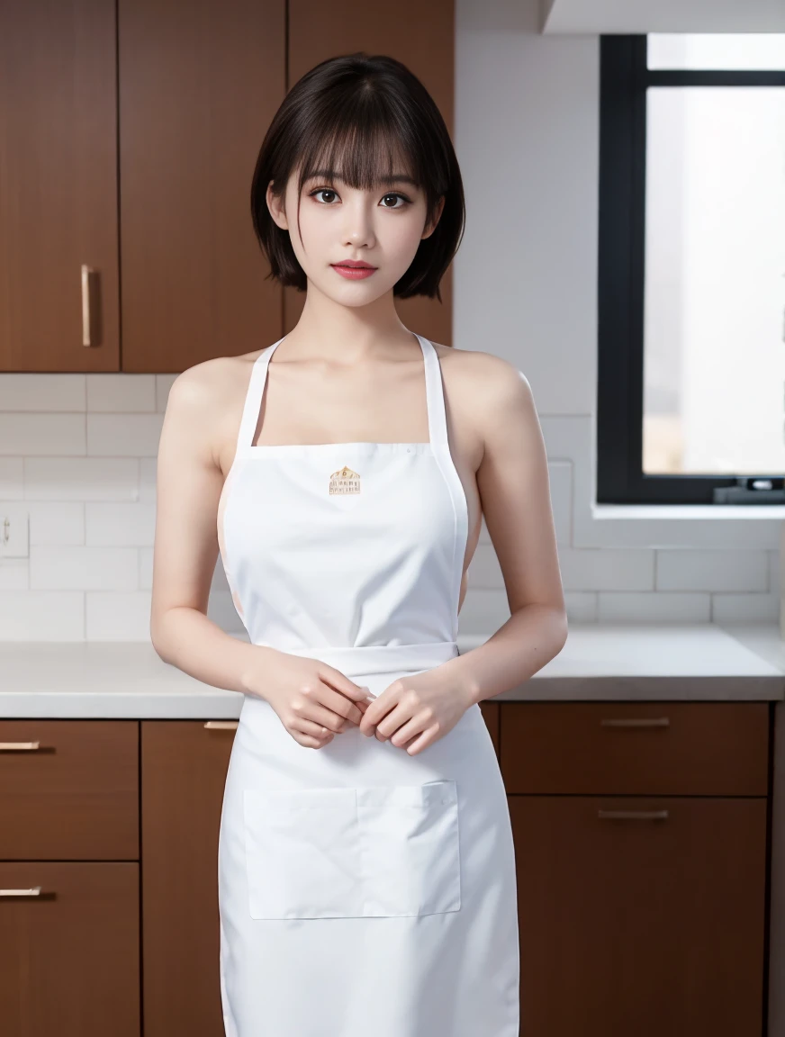A gorgeous one, (medium hair), (8k, original photo, best quality, 在kitchen:1.2), (actual, Realism:1.37),1 girl in, professional lighting, photon mapping, radio city, original photo、(Realism:1.4)、Octane number、Complex 3D rendering with ultra-details, Studio soft lighting, Vibrant details, Super details, Realistic skin texture, Details, beautiful details eyes, Very detailed CG Unity 16k wallpaper, 、cosmetic, (Detailed background:1.2),huge 、cleavage、best quality, ultra high resolution, 1 girl in, 20 years old,(naked apron:1.3)), cute face、((kitchen、Shirtless))、nogizaka idol、korean idol、Japan idle、After photo、full-body shot