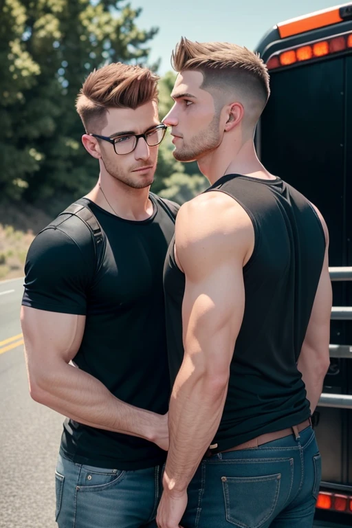 2 men, photorealistic, full view. A 25 year old, tall, handsome, muscular, Caucasian man, with short, crew-cut, reddish brown hair with shaved sides, and blue eyes, and stubble, wearing a sleeveless, open, grey flannel shirt, ripped jeans, and brown hiking boots, and an 18 year-old, thin, Caucasian man with fade-cut blond hair, and blue eyes, wearing glasses, a black T-shirt with a gaming logo, khaki shorts, and blue and black sneakers. They are standing by a big rig truck, holding each other, kissing, and hugging, at a highway truck stop, at sunset.  Huge bulges, masculine, sexy, love, NSFW.