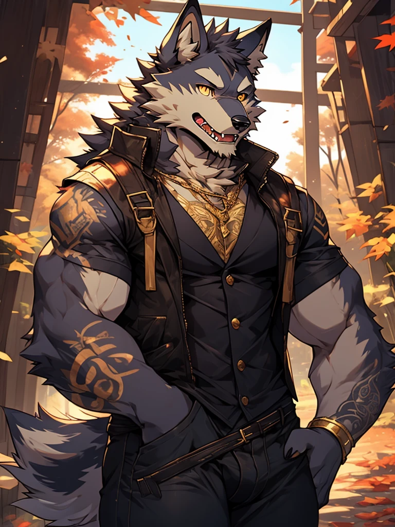 Wolf，Golden pupils，Sexy，Vest，gold tattoo，Clothes half open，slutty expression，fangs，autumn，thick thighs, huge penis，Background outdoor dusk，Damaged clothing