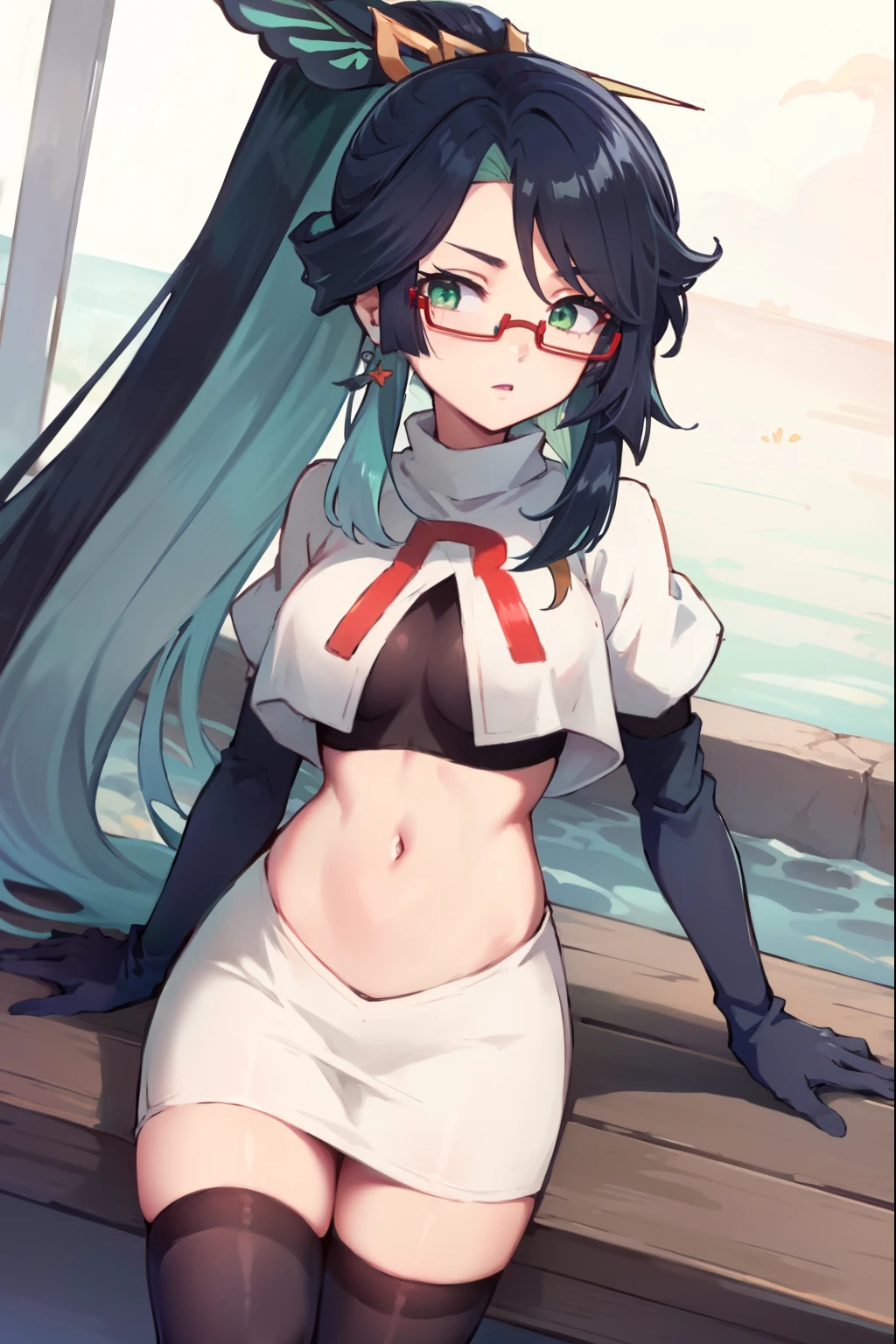 2d, masterpiece, best quality, anime, highly detailed face, perfect lighting, long hair, ponytail, multicolored hair, black hair, bangs, glasses, semi-rimless eyewear, earrings, green hair, hair ornament, jewelry, red-framed eyewear, green eyes, team rocket,team rocket uniform,white skirt,red letter R,crop top,black thigh-highs,black elbow gloves,