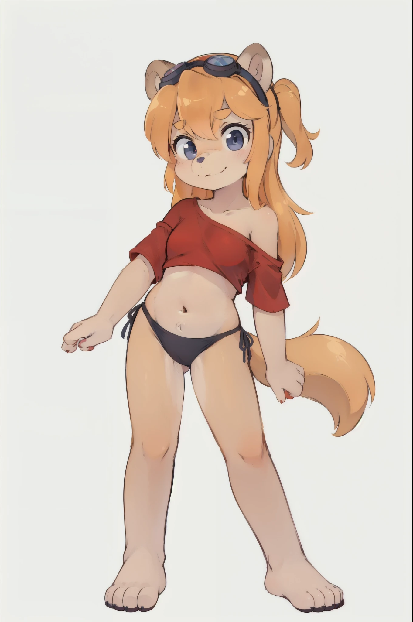 ursa_barbic, gummi_bears, ((red shirt, off shoulder, midriff, black bikini, goggles)), feets whit three toes, high quality, masterpiece, detailed body fur, detailed eyes, detailed face, glistering body, shiny body, solo, simple background, white background