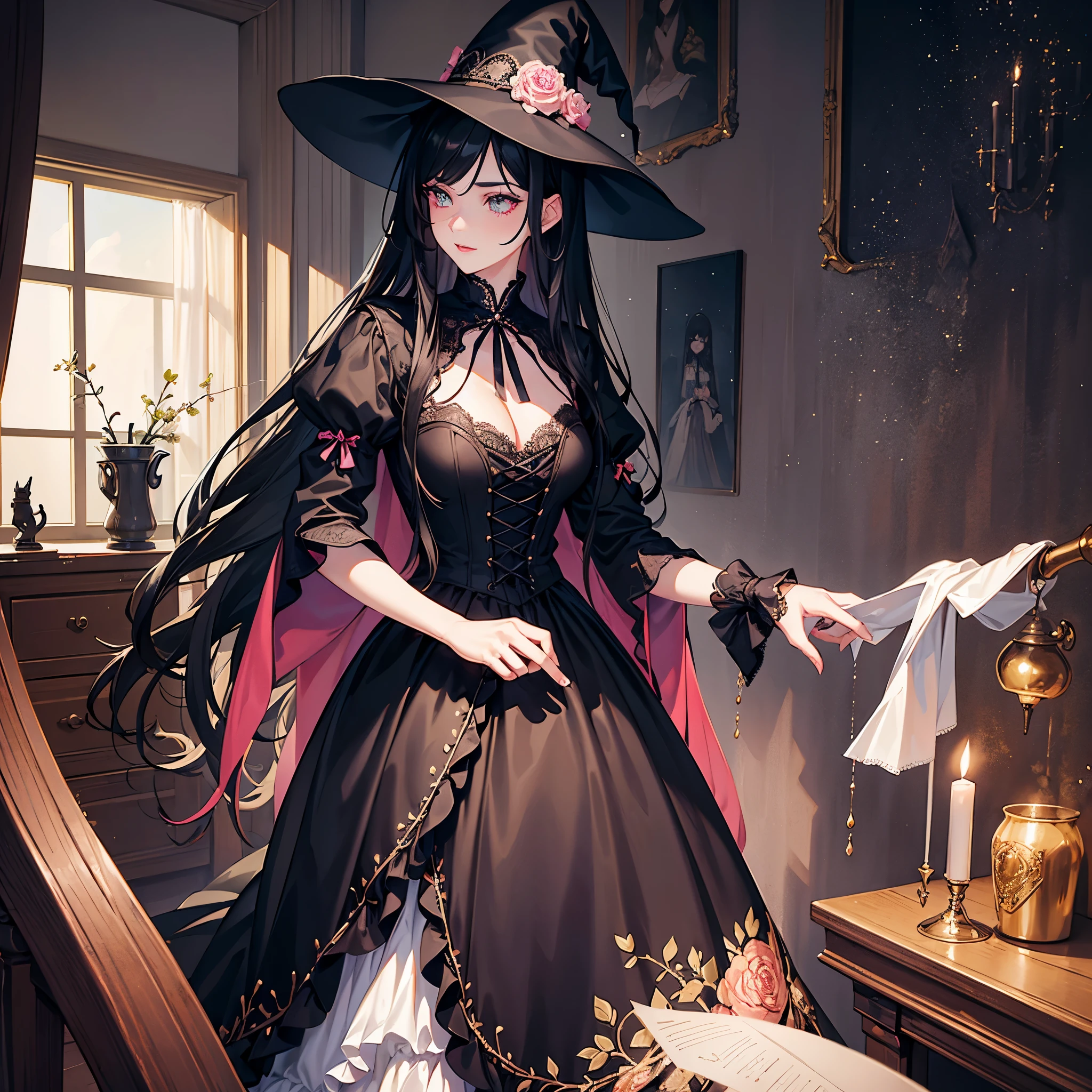 best quality,ultra-detailed,realistic,photorealistic,pink-eyed,long black hair,girl looks happy,beautiful detailed eyes,beautiful detailed lips,long eyelashes,best quality portrait painting,detailed,physically-based rendering,ultra-fine painting,fine details,painting,a teenage boy has joined a witch coven and gets magically transformed into a cute teenage witch girl,gender bending,witches are helping putting clothes on the new girl,girl happily getting dressed in a stunning black victorian dress, physically-based rendering,gorgeous dress design,flowing gown,elaborate lace details,rich textures,contrast stitching,delicate ribbon bows,floral accents,full skirt,high neckline,long sleeves,fitted waistline,flared cuffs,lace-up back,imperfect fabrics,flawless silhouette,high heels, pink-eyed girl,effeminate face,pointy hat,long black hair,witches assisting in dressing up the new girl,promptly helps the new girl getting dressed in a stunning black Victorian dress, in a old wooden dark cabin with worned out furniture, magic sparkles, magic pot, potions on a shelf, pentagram, high resolution, 4K, 8K