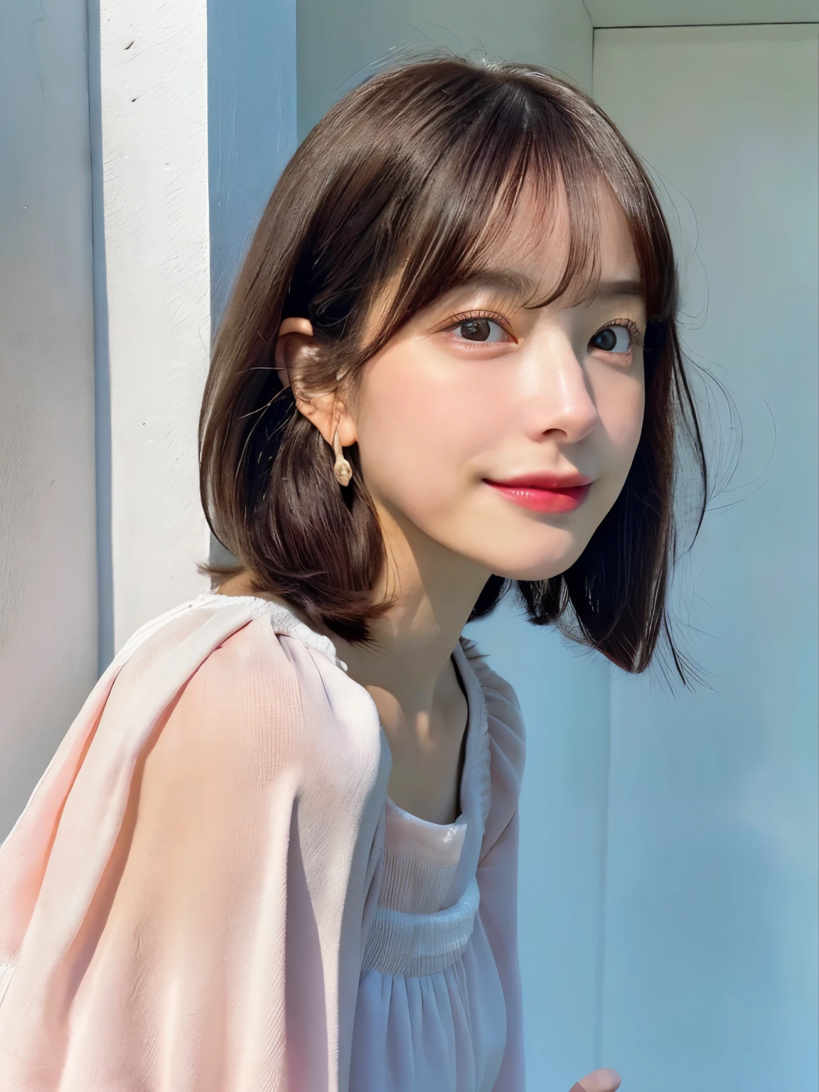 (8K、RAW photo、highest quality、masterpiece:1.2)、High-definition RAW color photo、professional photos、(realistic、photo realistic:1.37)、cinematic light、1 girl、laughter、white wall、Taken in front of the white door、((窓のあるwhite wallの部屋))、Versatile poses、Winter clothes、simple necklace、(Beautiful profile:1.3)、Don't look at the camera、profile、bob、bobヘア、bob cuts、((Light dull pink and dark hair color))、ロングbob、profile、normal detailed eyes、dark brown eyes、earrings、(White long-sleeved blouse)
