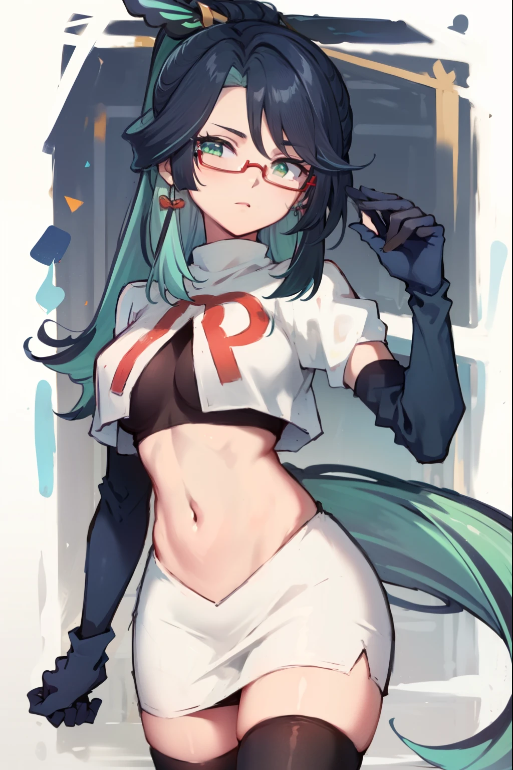 2d, masterpiece, best quality, anime, highly detailed face, perfect lighting, long hair, ponytail, multicolored hair, black hair, bangs, glasses, semi-rimless eyewear, earrings, green hair, hair ornament, jewelry, red-framed eyewear, green eyes, team rocket,team rocket uniform,white skirt,red letter R,crop top,black thigh-highs,black elbow gloves,