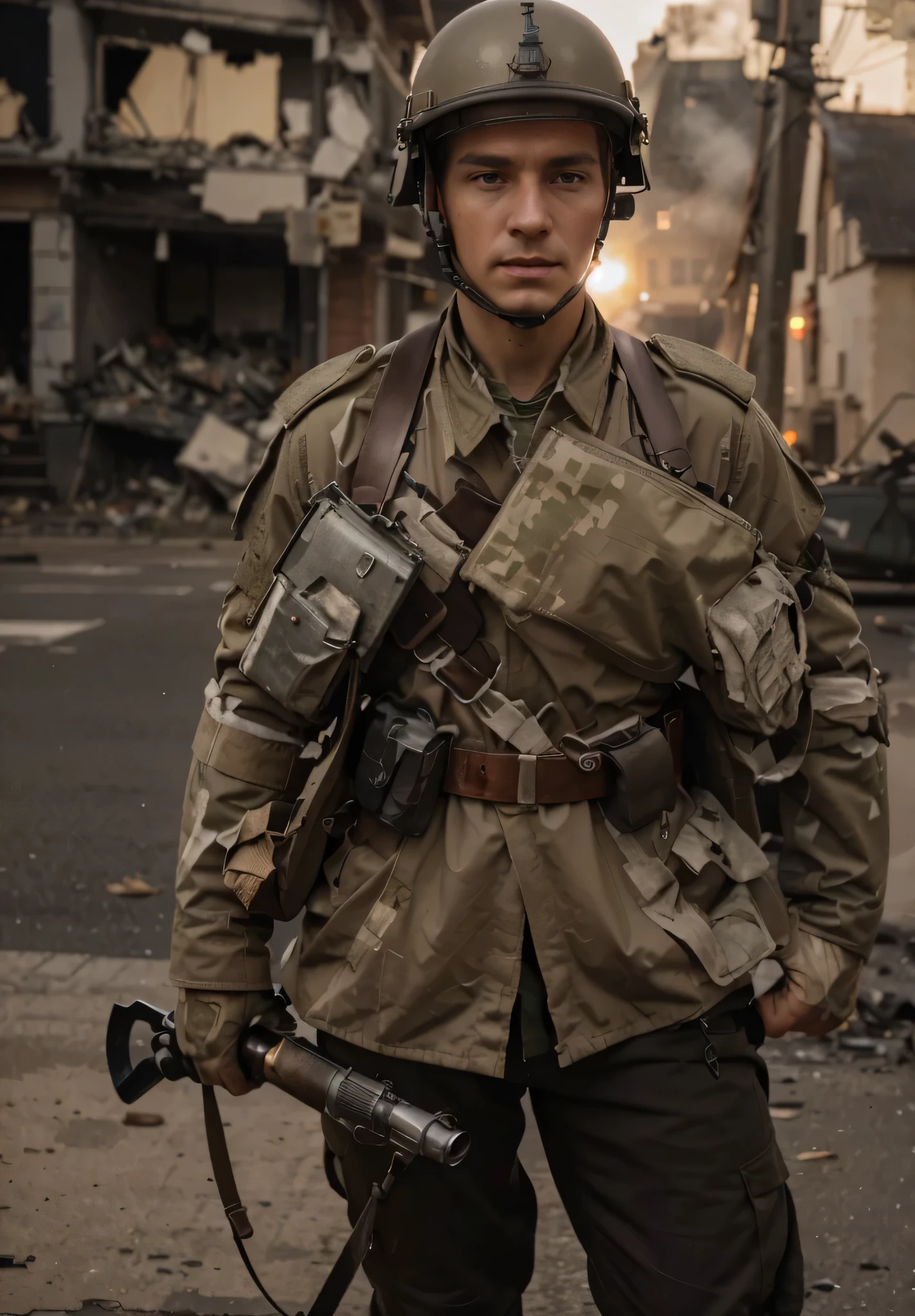 Soldado masculino, Cara alemana, pelo corto estilo militar, WWII German Style Gray Military Metal Helmet, Gray WWII German Style Military Uniform., metal iron shoulder pads, guantes de cuero negro, belt with ammunition and military bags, Granadas , sostiene un rifle, is in a completely destroyed German city, fire and mucho humo, Luz de noche, mucho humo, ultra detallado, hyper Realista, 4k, ultra detallado image, Realista, muy detallado, perfect composition, gorgeous, Intrincadamente detallado, incredibly detailed, 8 k artistic photography, hiper detallado, obra maestra, ultra detallado, hyper Realista, 4k, ultra detallado image, Realista, muy detallado, perfect composition, gorgeous, Intrincadamente detallado, incredibly detailed, 8 k artistic photography, hiper detallado, obra maestraart photography, hiper detallado, obra maestra