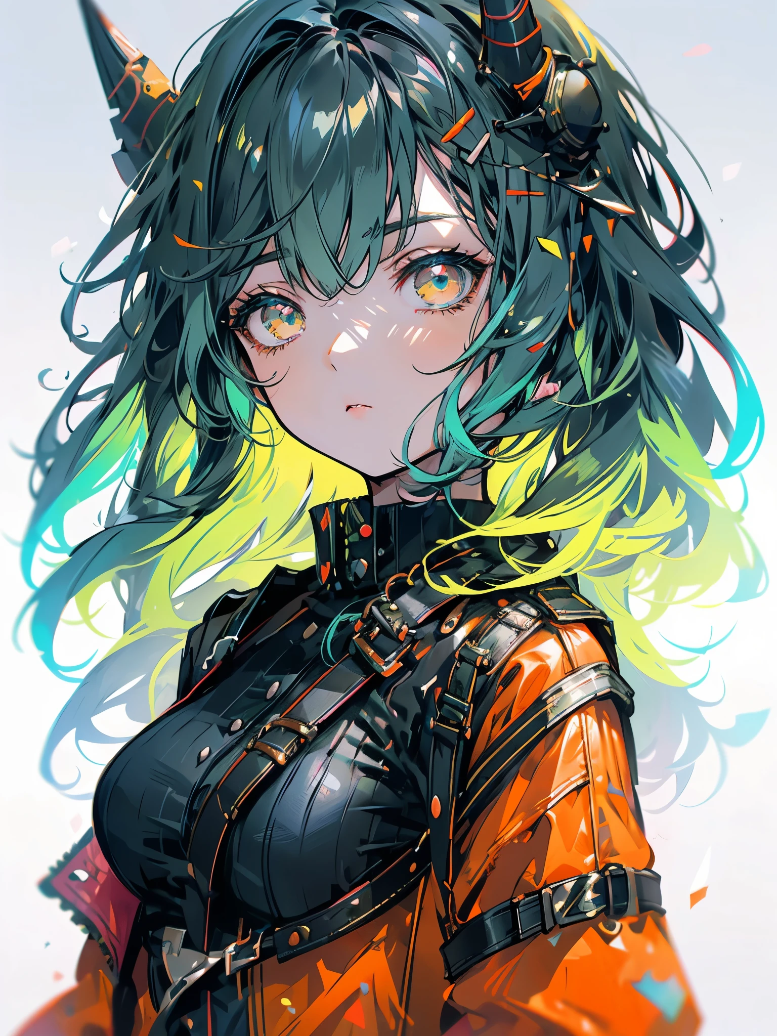 ((live 2D)) masterpiece, 1girl, full body, stands straight, steampunk clothes, military clothing, looking at viewer, detailed face, girl with green wavy hair, bangs, metal sheep horns, gradient hair, multicolored hair, light green hair, turquoise hair tips, wavy hair, gradient eyes, orange eyes, (simple background, white background: 1.3), big ass, thick ass, thick body