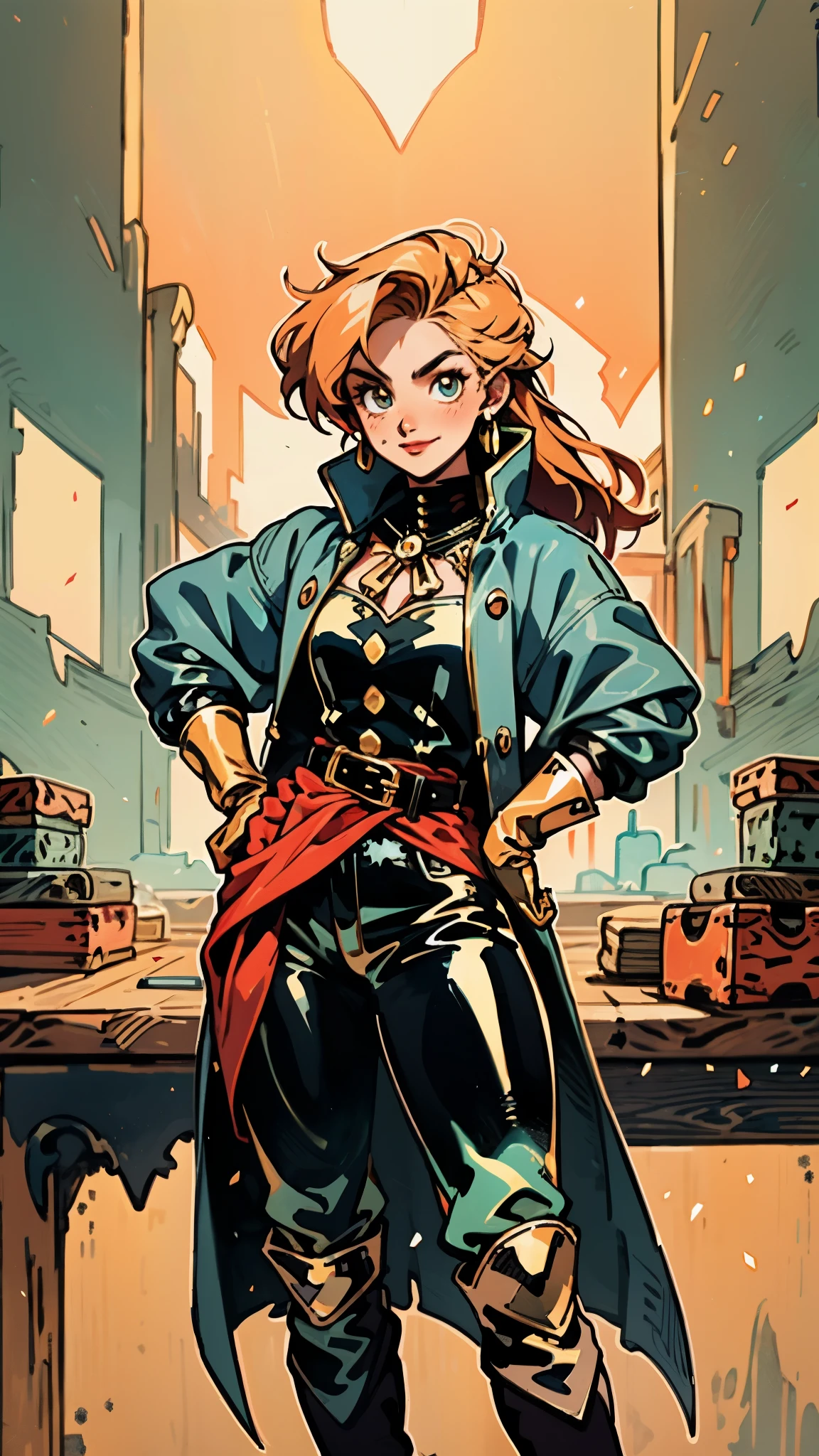 A beautiful woman with flowing orange long hair, exquisite facial features, a playful smile, confident eyes, a tall figure, a two-piece fantasy-style pirate robe coat, yellow as the main color, complemented by red accents, long wrist guard gloves on her hands, a gold belt around her waist with a short hem, leather pants, knee-high boots, standing with her hands on her hips in front of a fantasy medieval-style port tavern, this character embodies a finely crafted fantasy-style female pirate in anime style, exquisite and mature manga art style, high definition, best quality, highres, ultra-detailed, ultra-fine painting, extremely delicate, professional, anatomically correct, symmetrical face, extremely detailed eyes and face, high quality eyes, creativity, RAW photo, UHD, 8k, Natural light, cinematic lighting, masterpiece-anatomy-perfect, masterpiece:1.5