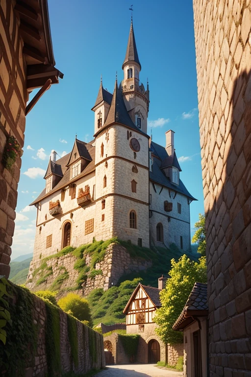 small medieval village wooden castle wall