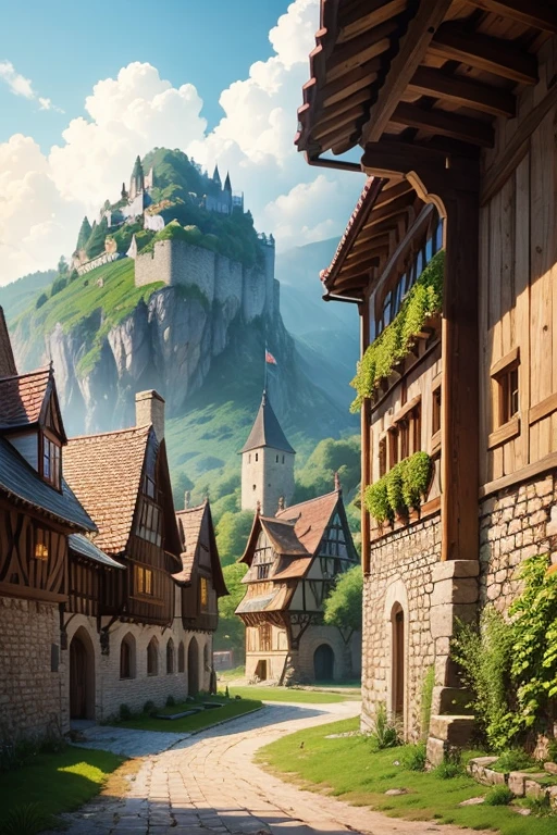 small medieval village wooden castle wall