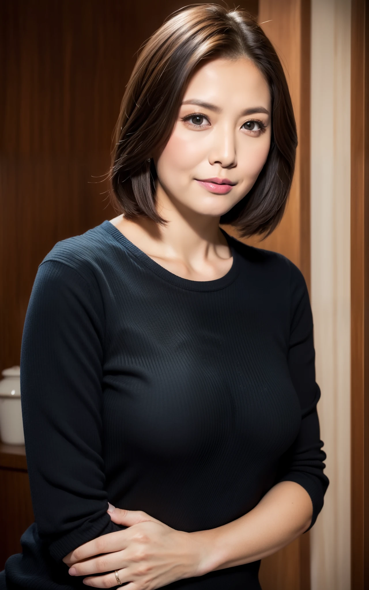 masterpiece,best quality, (one attractive milf), ((portrait:1.5)), makeup, elegant black shirt, touch own , (( expression)), opeo mouth:0.2, 