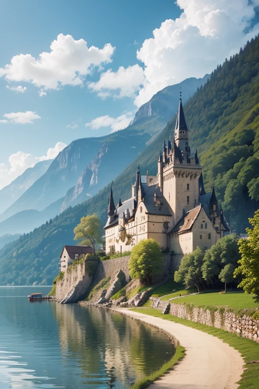 small medieval village wooden castle wall big lake