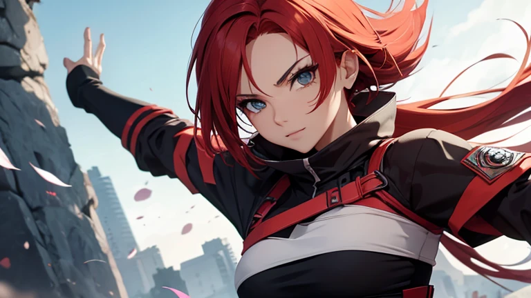mujer pelirroja vestida como ninja de konoha