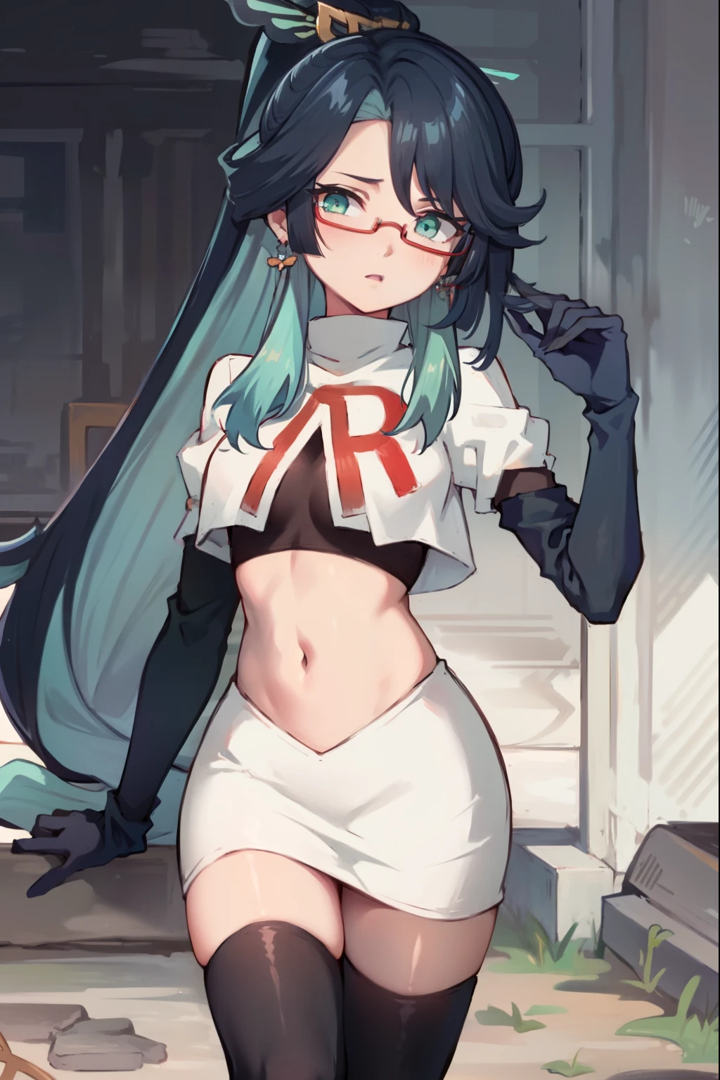 2d, masterpiece, best quality, anime, highly detailed face, perfect lighting, long hair, ponytail, multicolored hair, black hair, bangs, glasses, semi-rimless eyewear, earrings, green hair, hair ornament, jewelry, red-framed eyewear, green eyes, team rocket,team rocket uniform,white skirt,red letter R,crop top,black thigh-highs,black elbow gloves,