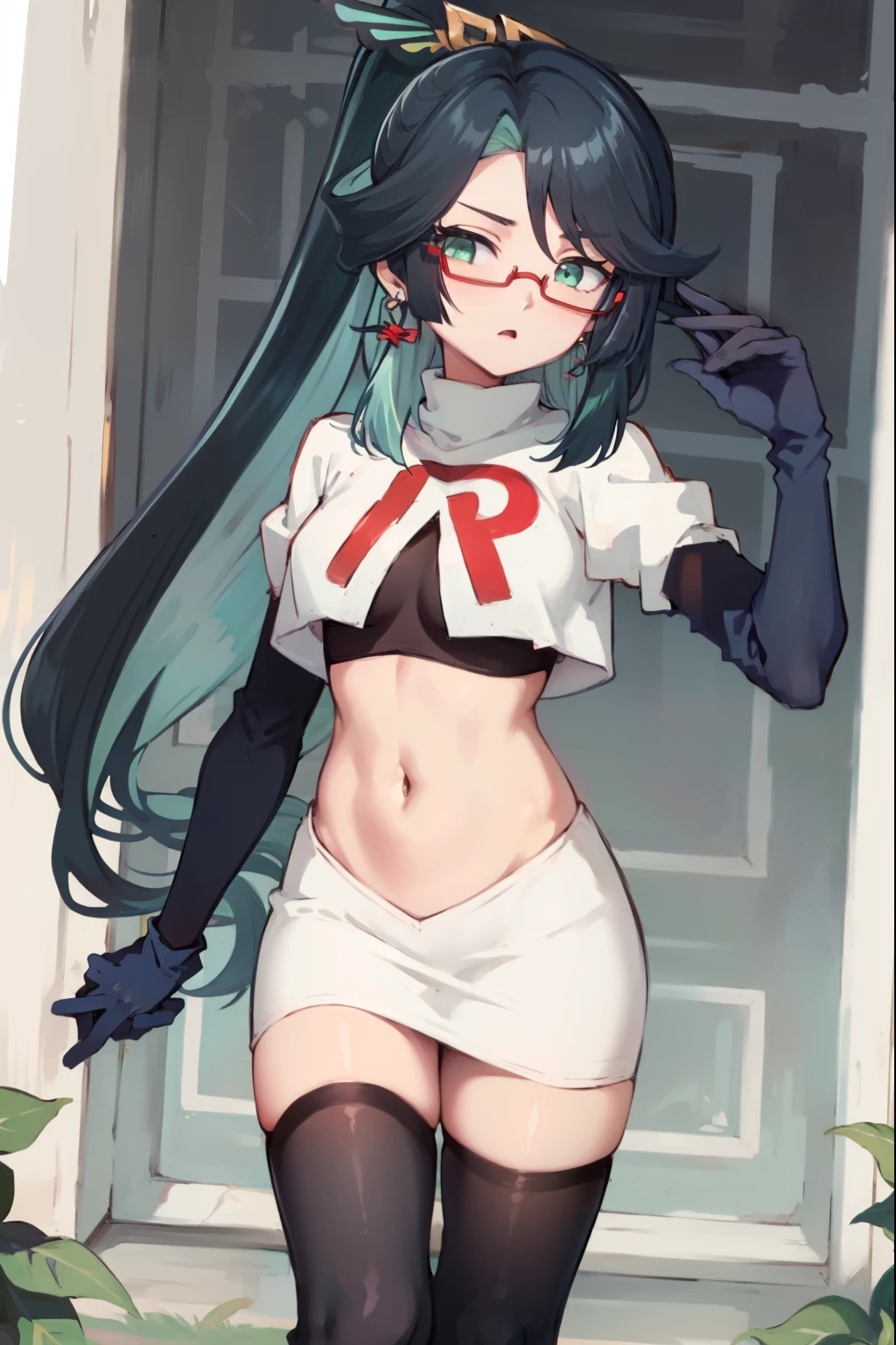 2d, masterpiece, best quality, anime, highly detailed face, perfect lighting, long hair, ponytail, multicolored hair, black hair, bangs, glasses, semi-rimless eyewear, earrings, green hair, hair ornament, jewelry, red-framed eyewear, green eyes, team rocket,team rocket uniform,white skirt,red letter R,crop top,black thigh-highs,black elbow gloves,