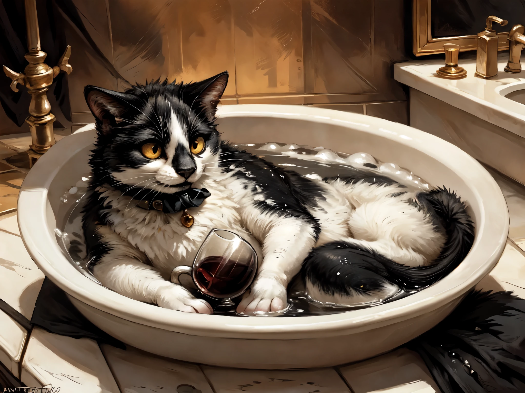 realistic, a black and white bicolor cat, feral, chonkey, , black lower lip, yellow eyes, cute, in a regal bathroom, lying in a bubble bath, holding a cup of wine, looking content, By kenket