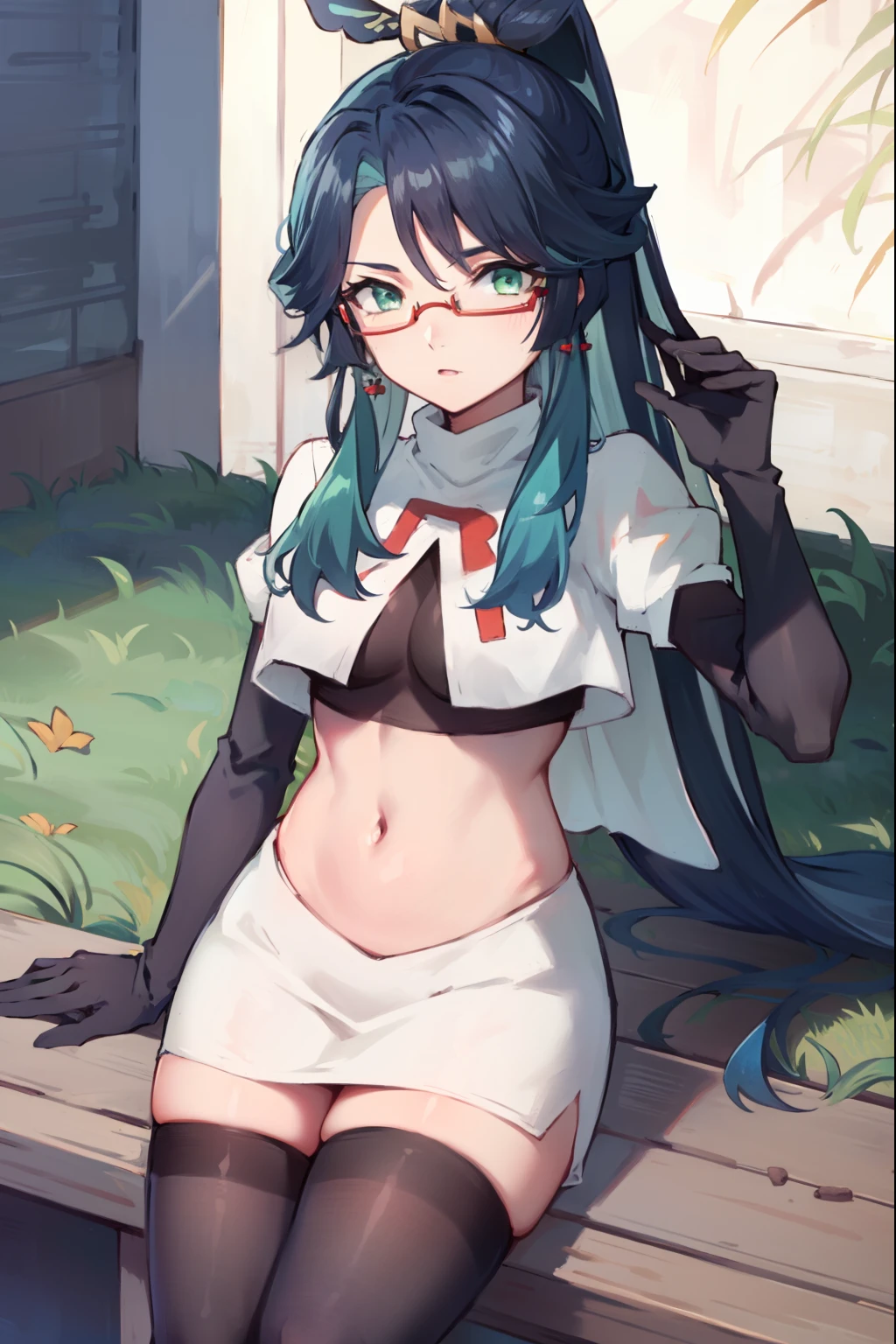 2d, masterpiece, best quality, anime, highly detailed face, perfect lighting, long hair, ponytail, multicolored hair, black hair, bangs, glasses, semi-rimless eyewear, earrings, green hair, hair ornament, jewelry, red-framed eyewear, green eyes, team rocket,team rocket uniform,white skirt,red letter R,crop top,black thigh-highs,black elbow gloves,