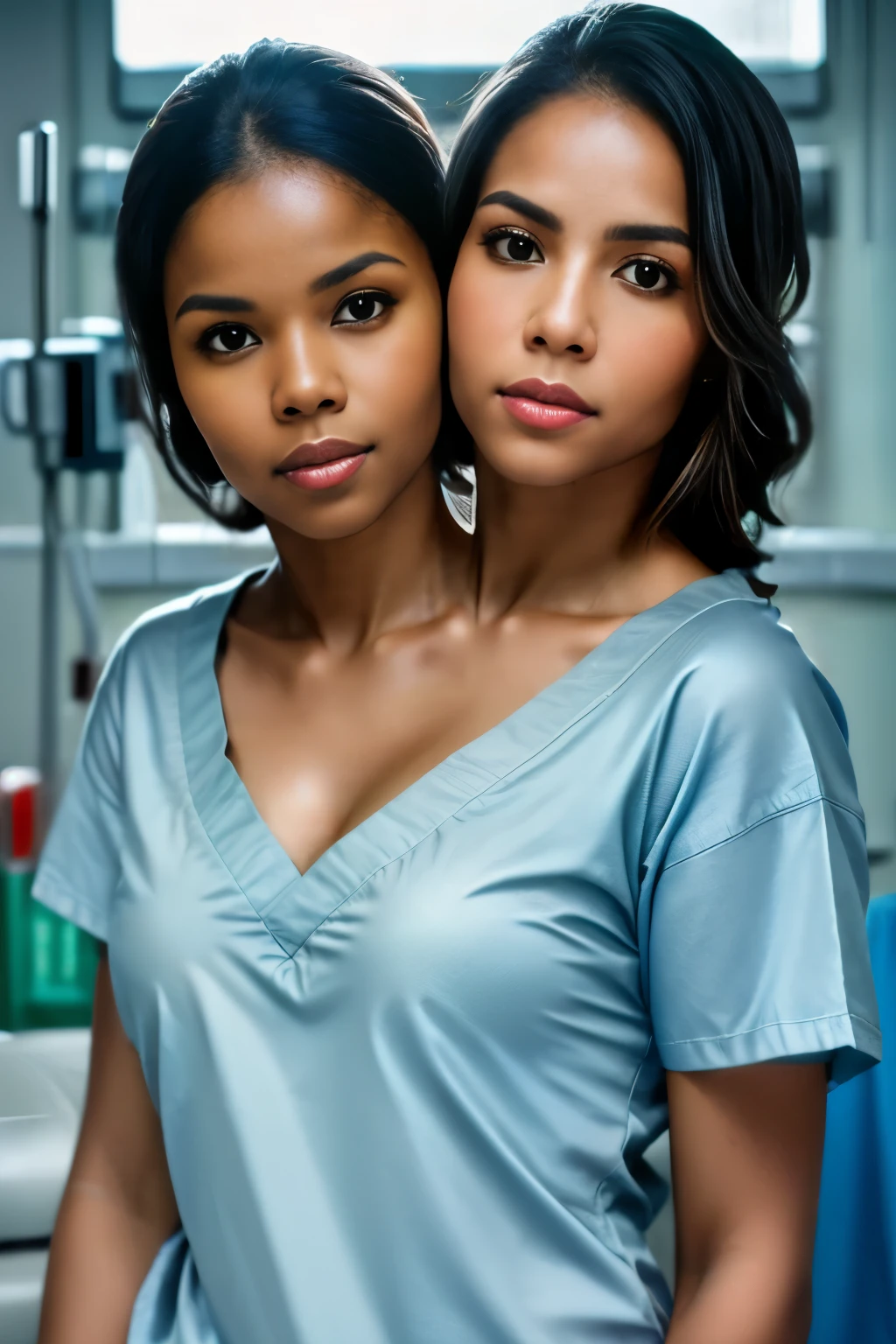 RAW photo of linchenw, Scrubs Top at Hospital Shift,(high detailed skin:1.2), 8k uhd, dslr, soft lighting, high quality, film grain, Fujifilm XT3, ((2heads)), conjoined dicephalus