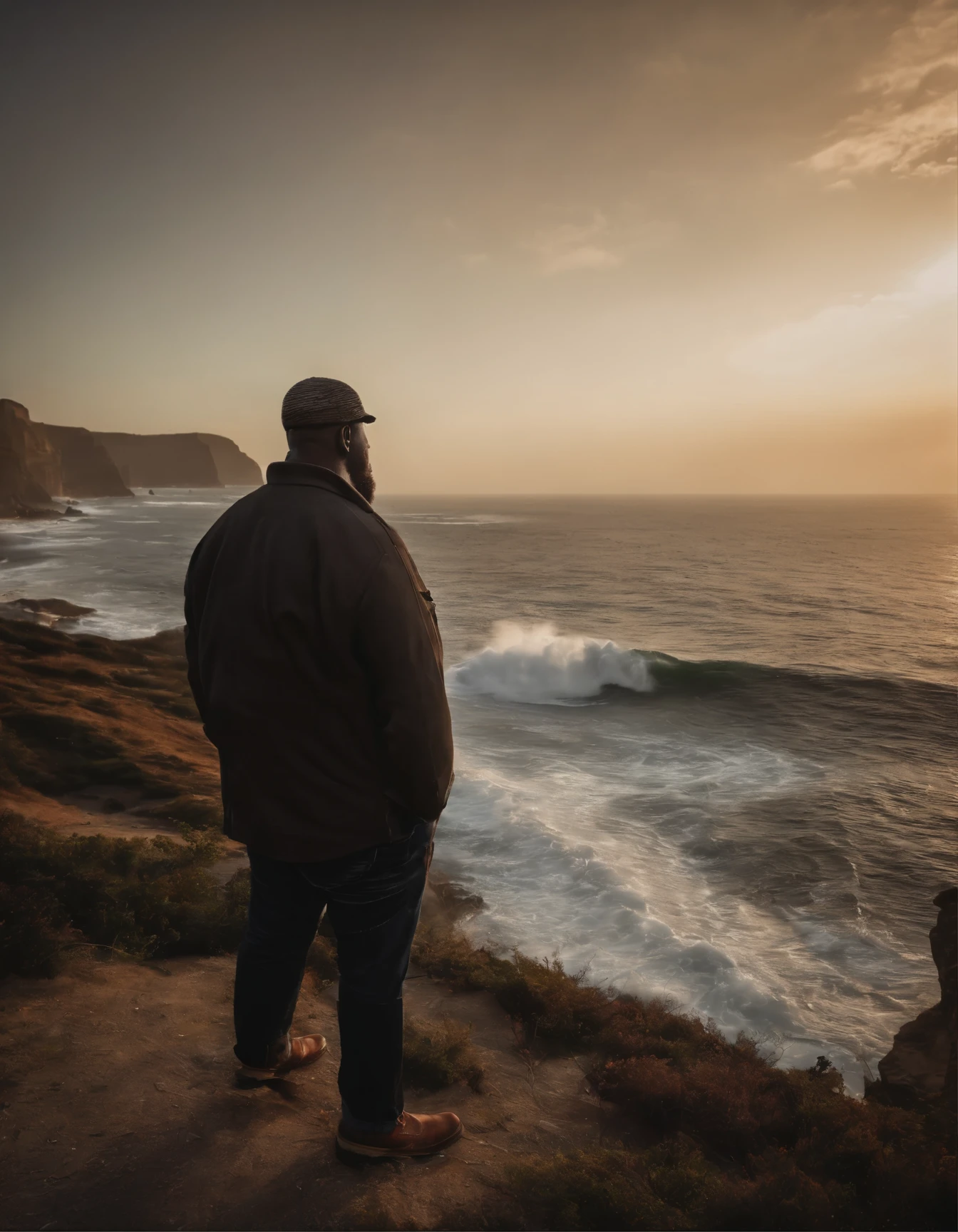 A slightly overweight big and tall black man standing on a cliff by the sea, watching the most spectacular sunrise