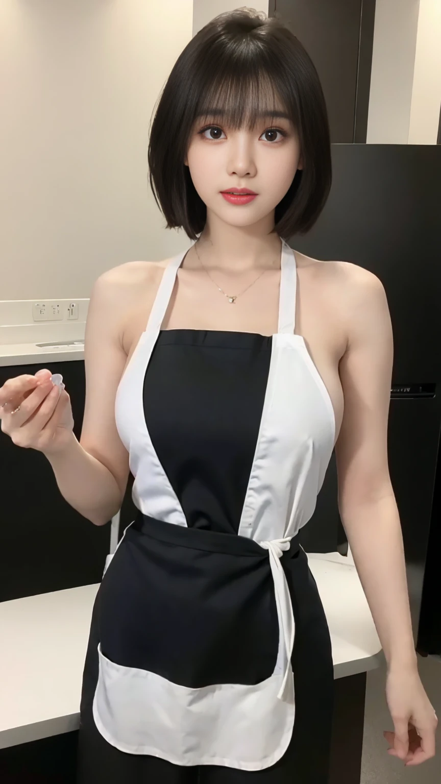 A gorgeous one, (medium hair), (8k, original photo, best quality, 在kitchen:1.2), (actual, Realism:1.37),1 girl in, professional lighting, photon mapping, radio city, original photo、(Realism:1.4)、Octane number、Complex 3D rendering with ultra-details, Studio soft lighting, Vibrant details, Super details, Realistic skin texture, Details, beautiful details eyes, Very detailed CG Unity 16k wallpaper, 、cosmetic, (Detailed background:1.2),huge 、cleavage、best quality, ultra high resolution, 1 girl in, 20 years old,(naked apron:1.3)), cute face、((kitchen、Shirtless))、nogizaka idol、korean idol、Japan idle、After photo、Full body photo from the side
