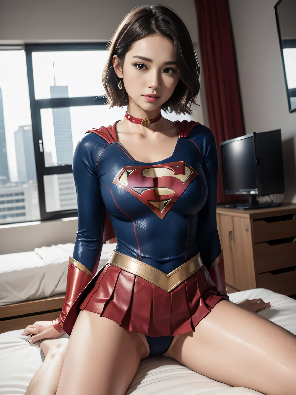 masterpiece、supergirl costume、short hair、barefoot、big and full breasts、operating room、operating table、straddle、Tattered、shiny、look at the camera、Seduce、choker、red mini skirt、long sleeve、Cowgirl、Estrus