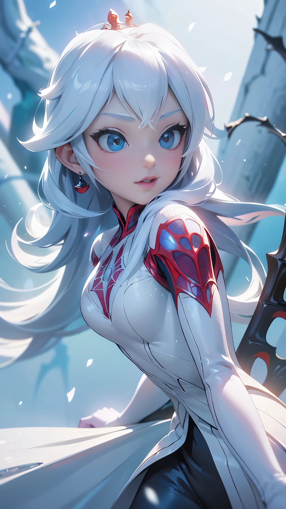 (La mejor calidad,A high resolution,Ultra - detallado,actual),Ariana Grande vestida con un disfraz de spider-girl violeta, (background frozen white trees snow:1.4) , More detailed 8K.motor irreal:1.4,UHD,La mejor calidad:1.4, fotorrealista:1.4, textura de la piel:1.4, obra maestra:1.8,obra-prima, mejor calidad,objeto Objeto], (detailed face features:1.3), (Ojos hermosos azules), (spider-girl White:1.4 ), (background cobweb white the walls:1.4) , (spider-girl:1.4 ), (Traje blanco spider-man), (convexo, Dedos detallados )