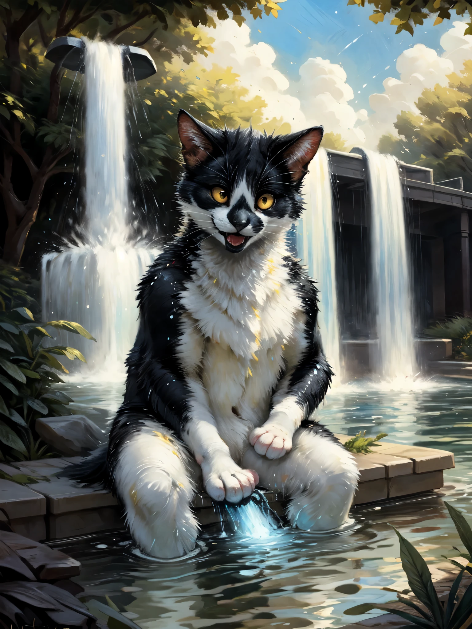 a black and white bicolor cat, feral, black lower lip, yellow eyes, cute, outdoors, at a park, sItting, in front of a mystical water fountain, glowing blue water spraying from water fountain, he looks happy, by kenket