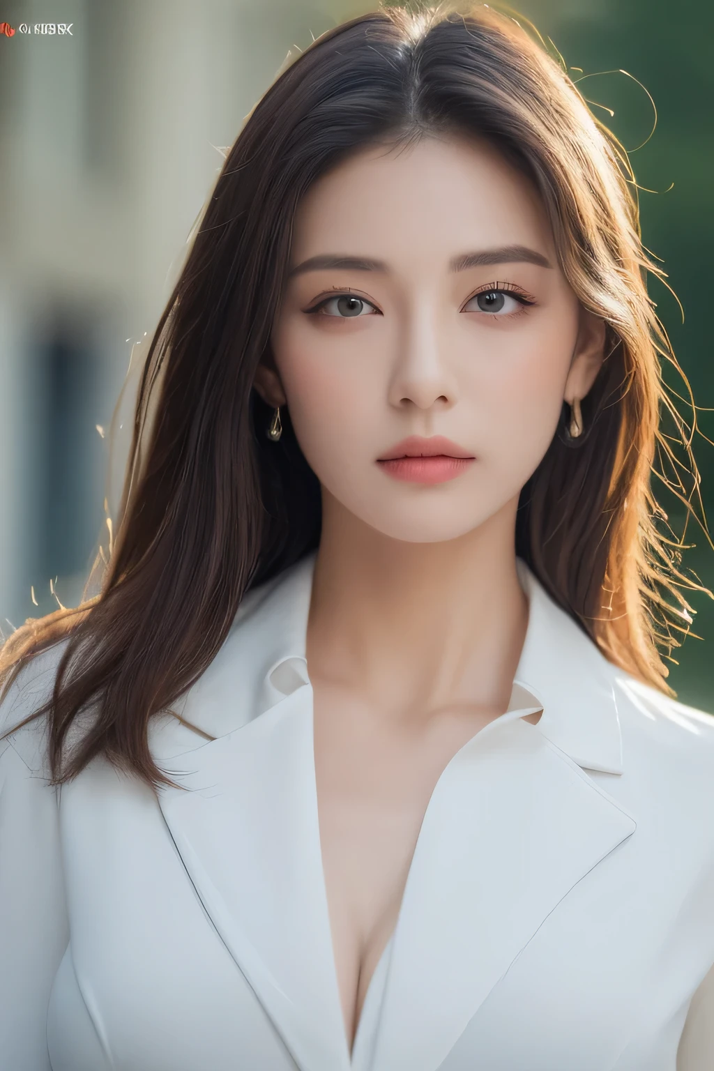 ((highest quality、8K、masterpiece:1.3))、sharp focus:1.2、beautiful woman with perfect figure:1.4、thin abs:1.2、((layer cut、huge tit:1.2))、(Blazer button-up shirt on very light white background:1.1)、street:1.2、Highly detailed face and skin texture、fine eyes、double eyelid、