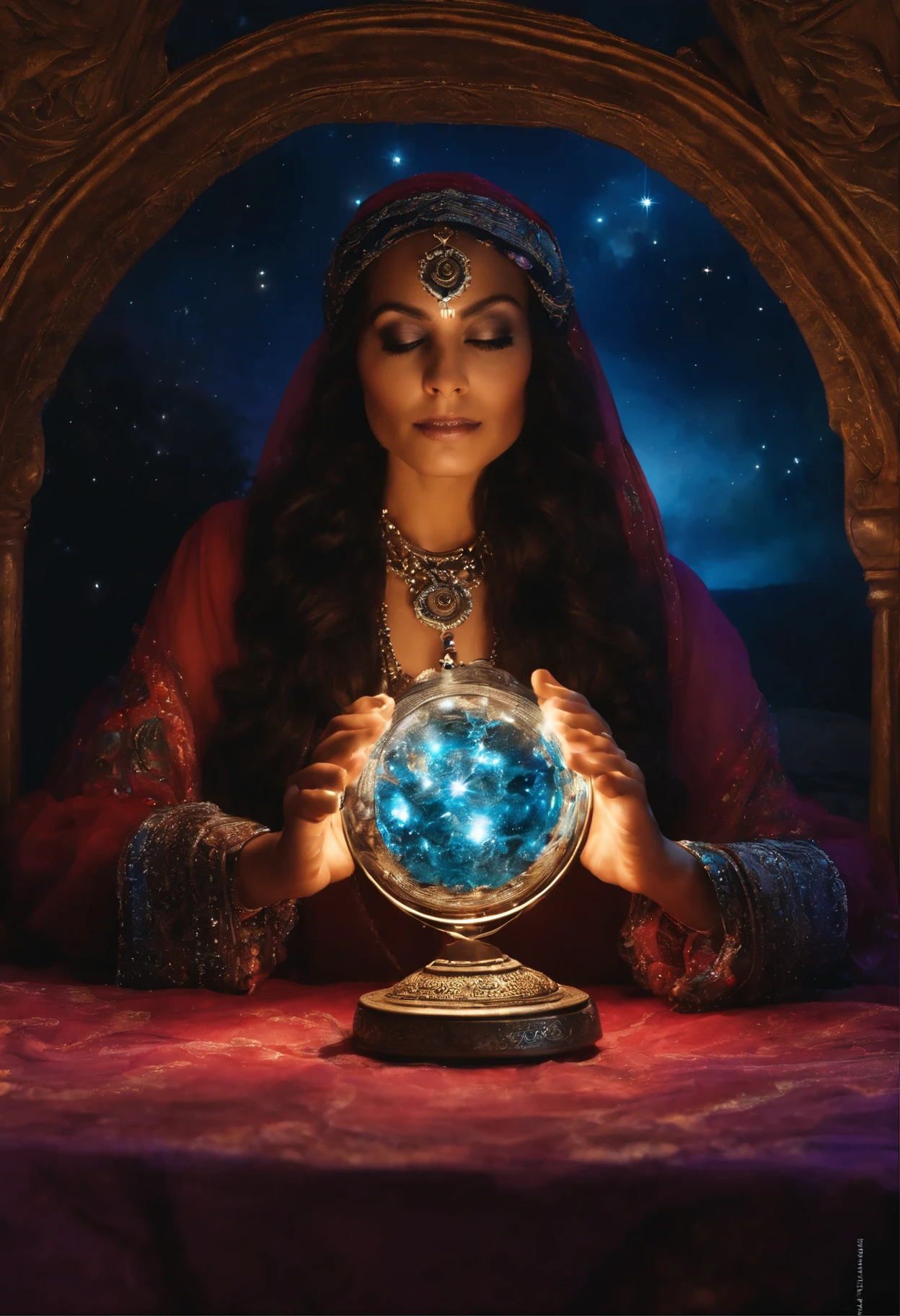The gypsy astrologer is draped in layers of rich, flowing fabrics, adorned with a mix of vibrant colors. A headscarf or bandana, intricately patterned, frames their face, where mysterious eyes gaze with a mix of wisdom and enigma. Hoop earrings sway gently, catching the light. Beaded necklaces cascade over embroidered blouses, while bracelets and rings jingle softly with each movement. the gypsy astrologer cradles a crystal ball in weathered hands, its depths Seated at a worn wooden table, the gypsy astrologer cradles a crystal ball in weathered hands, its depths revealing glimpses of cosmic secrets. Tarot cards, worn with use, are spread across the table, each card telling a story of fate. The air is filled with an aura of ancient knowledge, accentuated by the faint scent of incense lingering in the background. Around the astrologer, the tent is adorned with celestial symbols, zodiac signs, and planetary alignments. Deep purples and indigos create a backdrop reminiscent of a night sky, where stars twinkle in a dance of fate. The atmosphere is both mystical and grounded, a balance of earthly wisdom and cosmic insight embodied by the gypsy astrologer., epic royal background, big royal uncropped crown, royal jewelry, robotic, nature, full shot, symmetrical, Greg Rutkowski, Charlie Bowater, Beeple, Unreal 5, hyperrealistic, dynamic lighting, fantasy art
