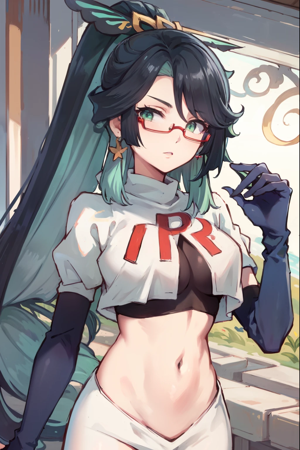 2d, masterpiece, best quality, anime, highly detailed face, perfect lighting, long hair, ponytail, multicolored hair, black hair, bangs, glasses, semi-rimless eyewear, earrings, green hair, hair ornament, jewelry, red-framed eyewear, green eyes, team rocket,team rocket uniform,white skirt,red letter R,crop top,black thigh-highs,black elbow gloves,