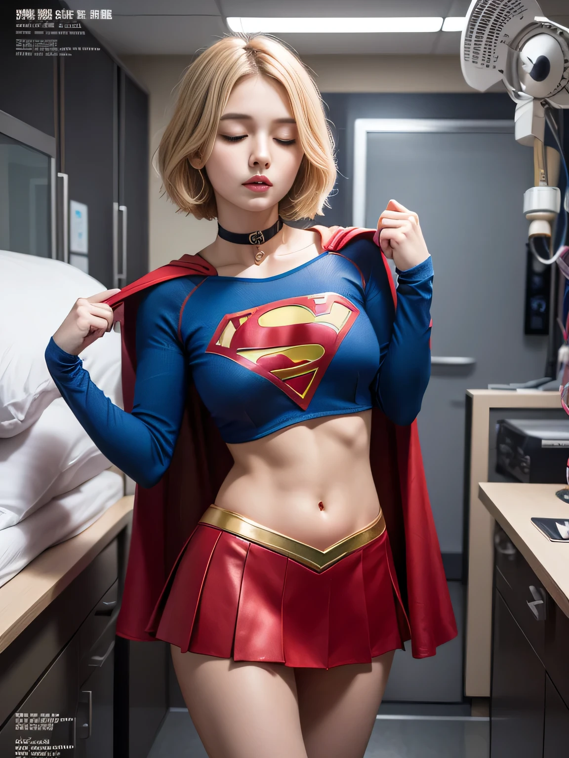highest quality、masterpiece,Short-haired Supergirl sleeping in the operating room、plump breasts、look at the camera、choker、barefoot、magazine cover、High leg、red mini skirt、Tight costumes、Puzzled、wide open legs、obscene、Show me a glimpse、Fluttering cloak、long sleeve