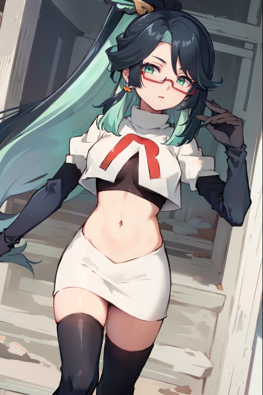 2d, masterpiece, best quality, anime, highly detailed face, perfect lighting, long hair, ponytail, multicolored hair, black hair, bangs, glasses, semi-rimless eyewear, earrings, green hair, hair ornament, jewelry, red-framed eyewear, green eyes, team rocket,team rocket uniform,white skirt,red letter R,crop top,black thigh-highs,black elbow gloves,