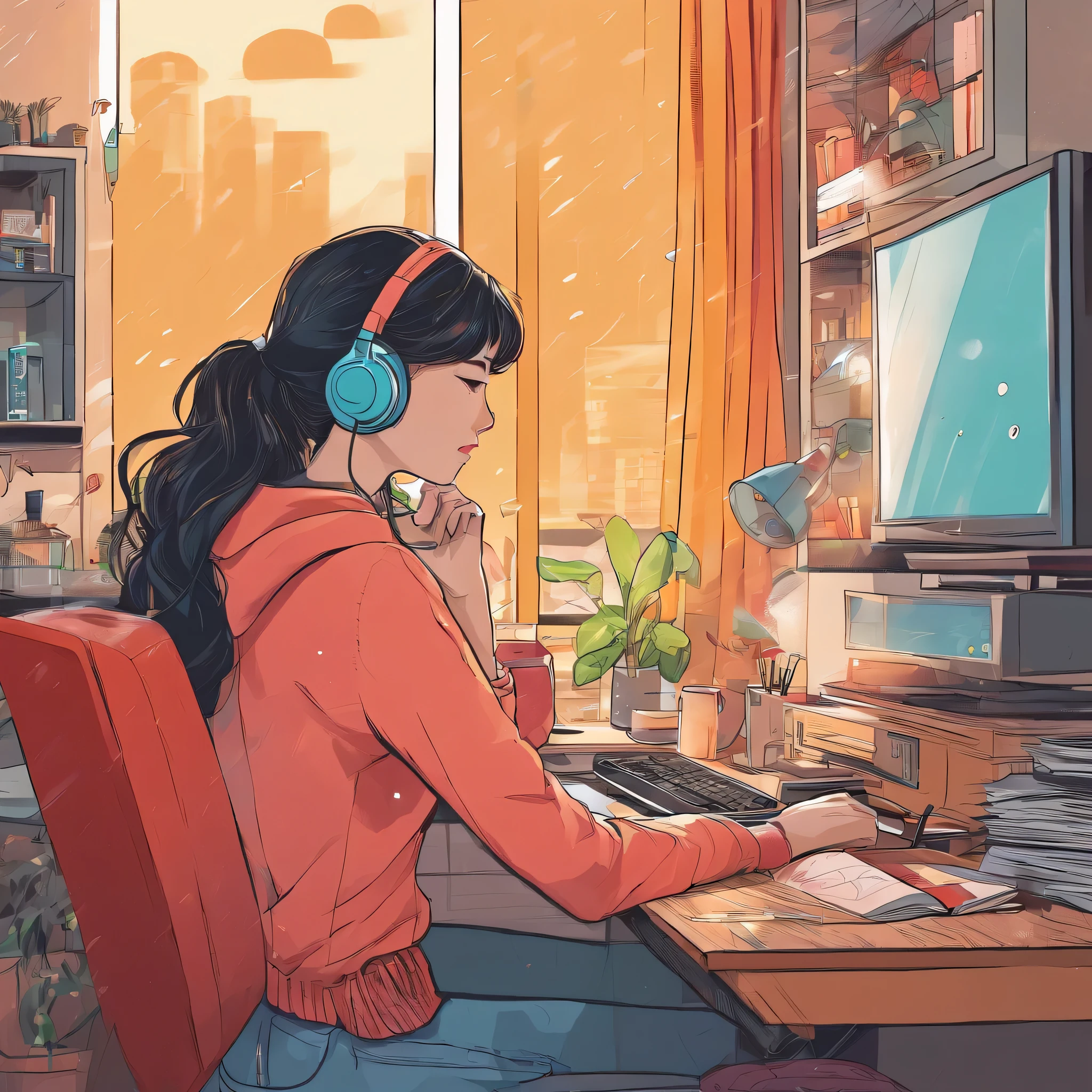 Anime girl sitting at a desk with headphones on and a computer - SeaArt AI