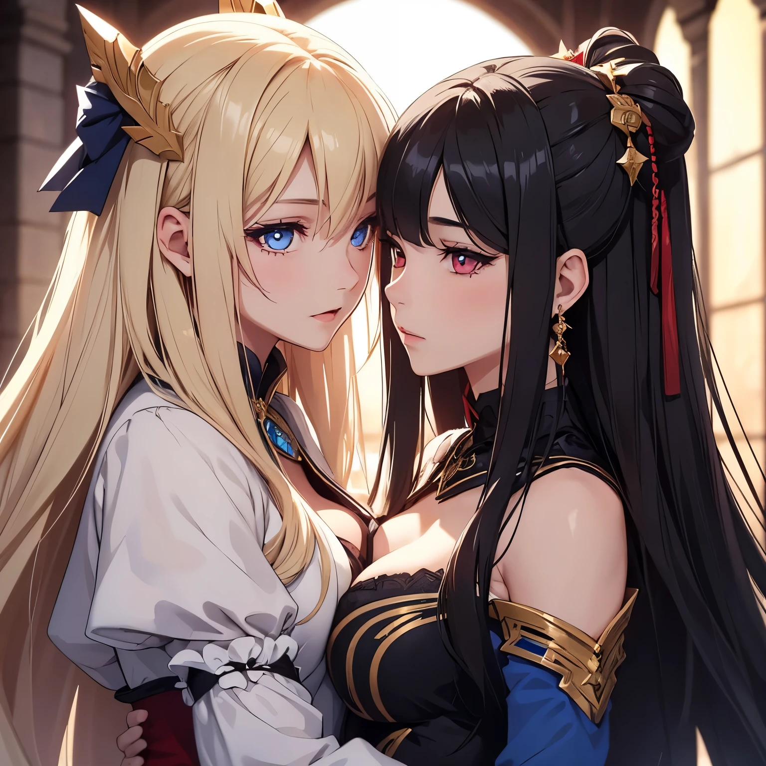 2 girls, passionate kiss, black hair and blonde hair, red eyes and blue eyes, regal attire, best lighting, very detailed, perfect body anatomy, genshin impact, yuri, detailed eyes