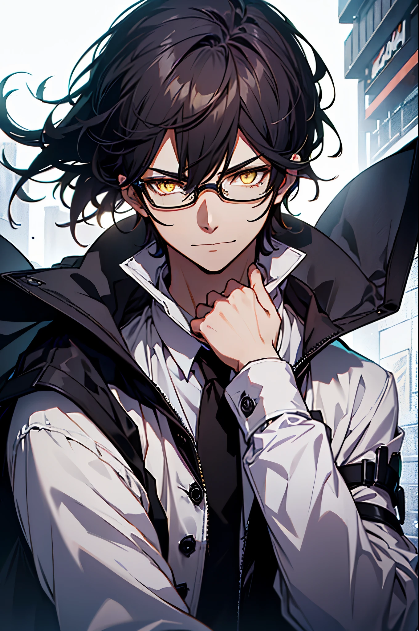 With black hair,A mischievous expression,side face,floating hair,light particles,glare,vivid,fancy,dreamlike,a dim atomshpere, ((White Shirt)) ((Black Overcoat)) ((Dark Fantasy)) ((Yellow-Eyes)) ((A Star on the Right Eye)) ((Mature)) ((man)) ((Glasses)) ((Sleeveless Coat))