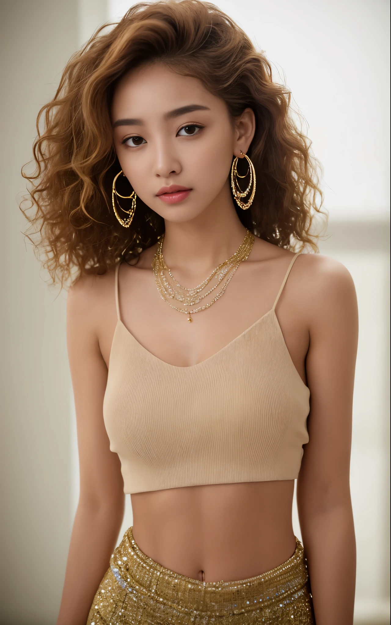 masterpiece, highest quality, alone, 1 girl, glowing skin, hoop earrings, necklace、glamorous, quirky details, light brown medium length hair, curly hair、highlights hair、fascinating, bare shoulders, crop top, long pants, shallow depth of field, contrasting, professional model, facing the front, portrait 