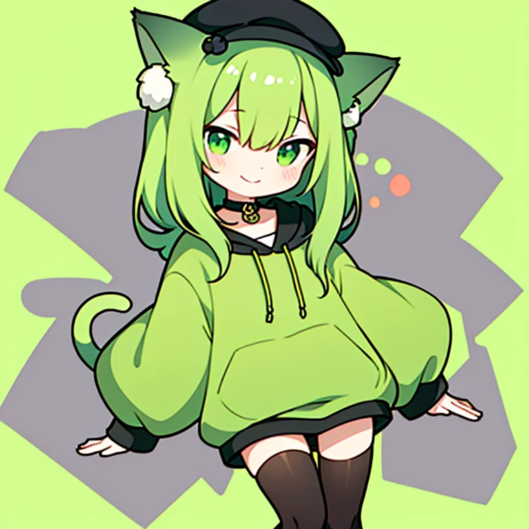 A girl with short yellow-green hair, around middle school age.。Wearing a green hoodie, shorts and black tights。wearing a black hat、Cat ears are popping out。draw the face in the middle。smile。eyes are open。Draw the head so it doesn't protrude above。Bright colors。There must be only one person。