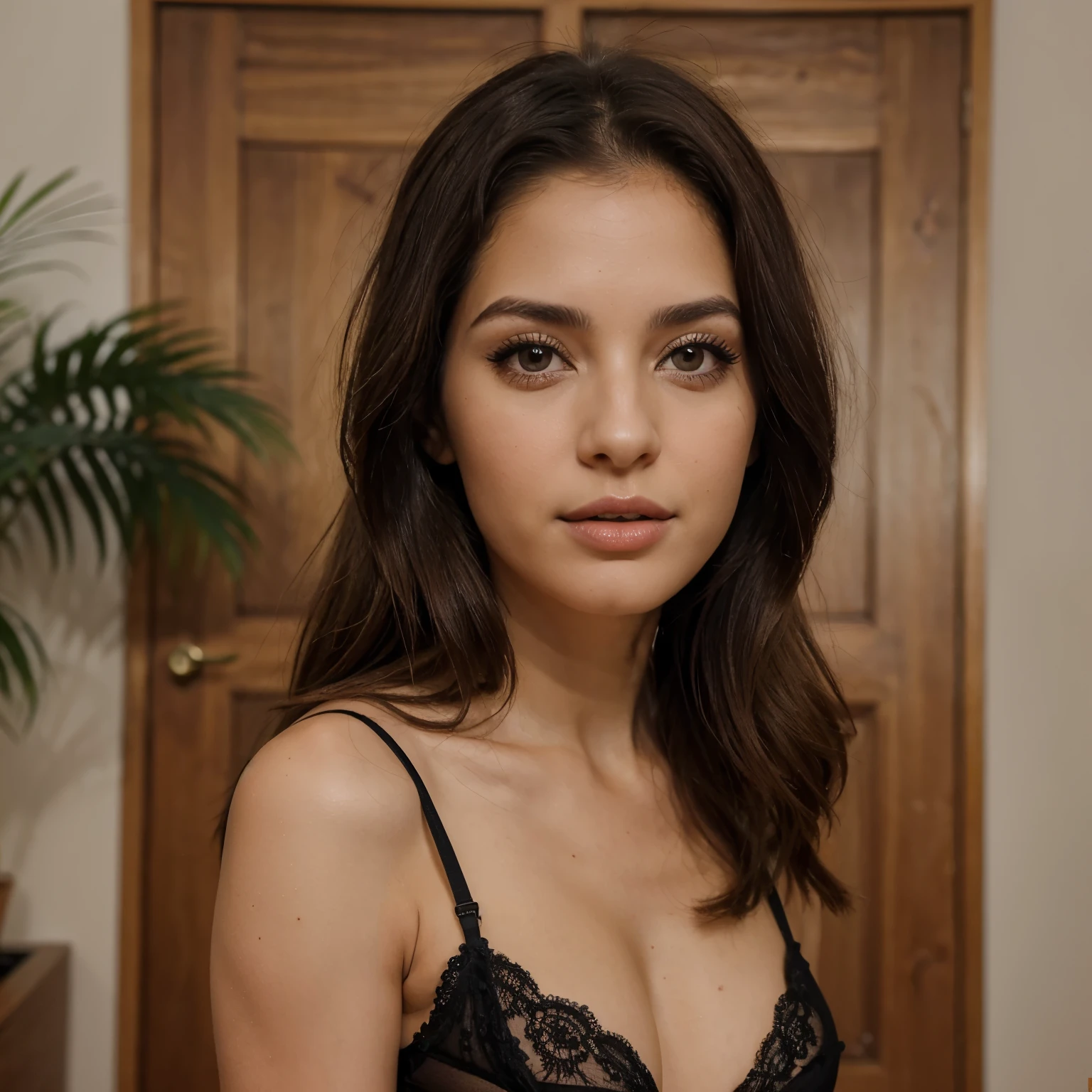 Photo of a pearly 26 year old Spanish woman., que tiene una cara muy natural, labios delgados, ojos delgados, cejas finas, nariz fina, pendientes, long eyelashes. Cuerpo completo, black lingerie