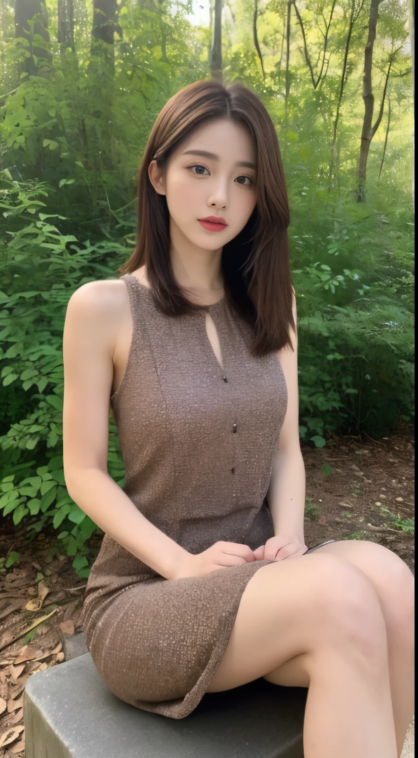 (During the day, need, 8k, masterpiece:1.3)), Full body female love, long legs, focus:1.2, Beautiful woman with perfect body:1.4, slim abs:1.1, ((dark brown hair, big:1.2 )), (shift dress,,seat:1.2,), ((Urban Forest Park,seat :1.3)), Highly detailed facial and skin textures, delicate eyes, double eyelids,Long fluttering hair