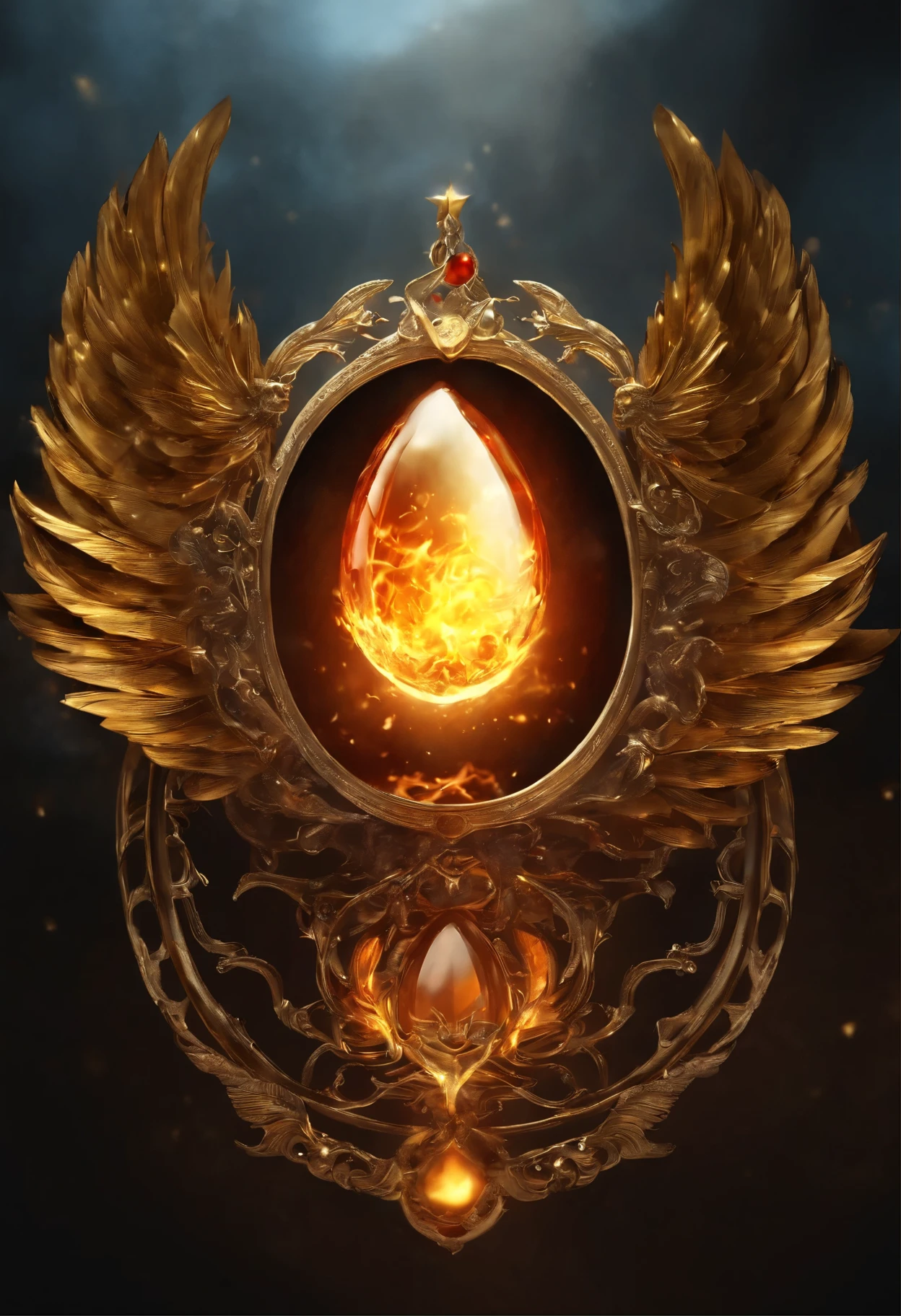 coulomb, necklace, inside there is a glass ball with a burning fire and gold leaf, Close-up of the amulet, Magic Frozen Ice Phoenix Egg, Magic amulet, 4k fantasy detail, Portal to the Realm of the Lost Flame, with fiery golden wings of flame, Magic Items, stone, glass and gold, The Art of the Holy Fire Spell, holy flame spell, with fiery golden wings