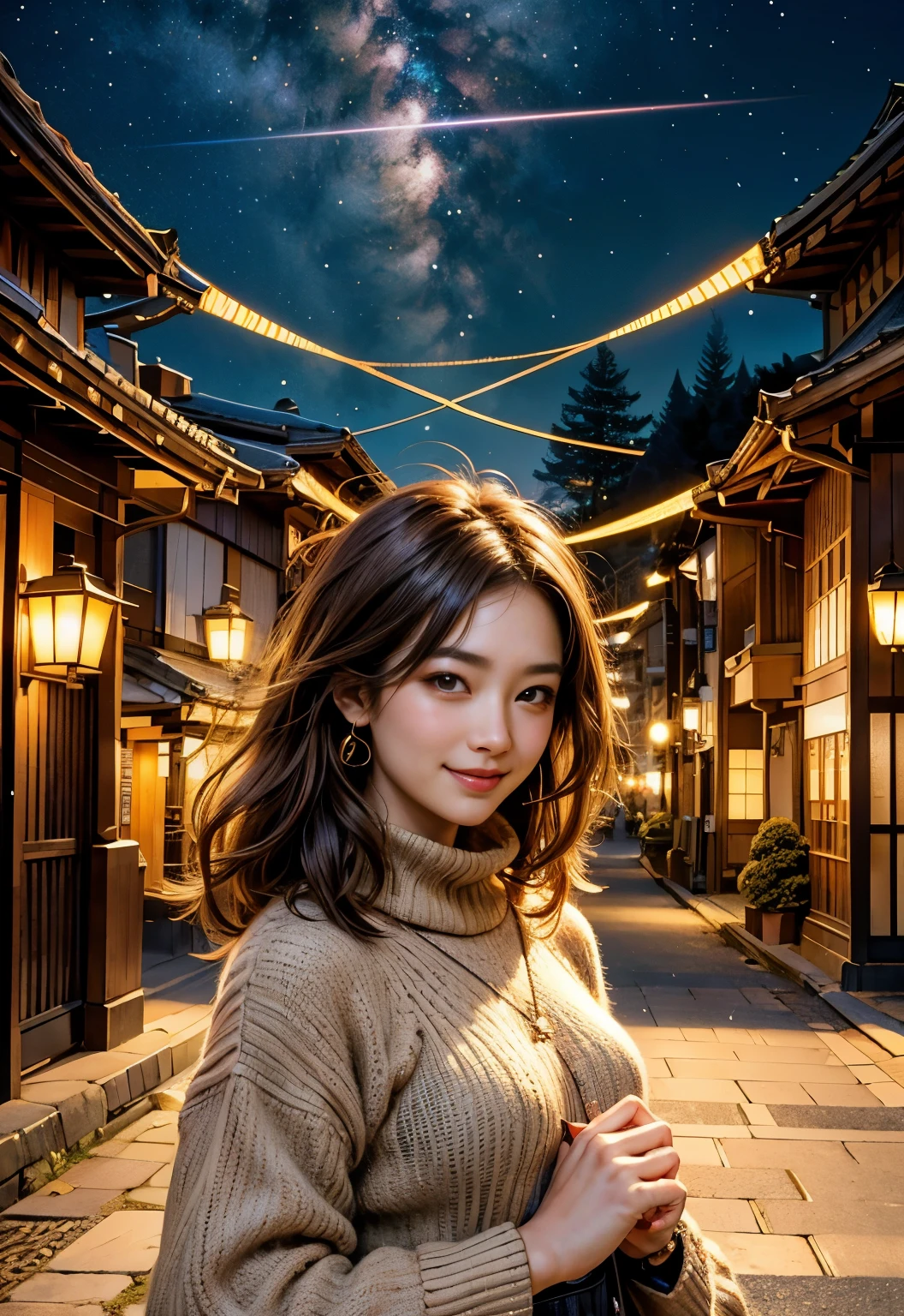 (highest qualityの, highest quality, beautiful and aesthetic:1.2), (1 Japanese female), very detailed,(fractal art:1.3),colorful,best details, brown hair,composition of golden ratio, dynamic line of sight,cityscape at night, Wearing a knitted sweater,A happy smile,