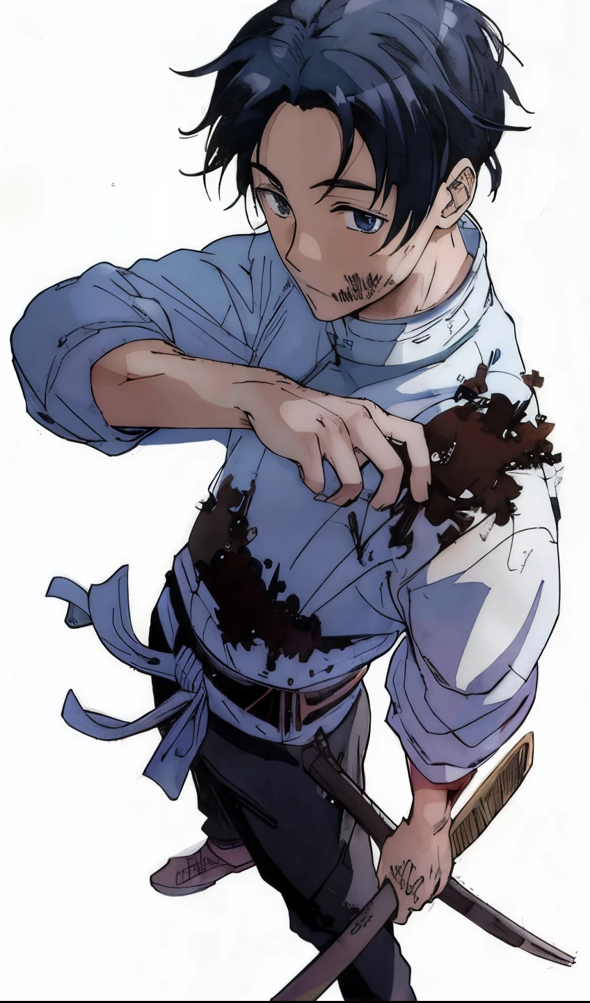 Personagem de anime Masculino, Adolescente  com: Cabelo preto, penteado. E com Dentes afiados e pontiagudos.