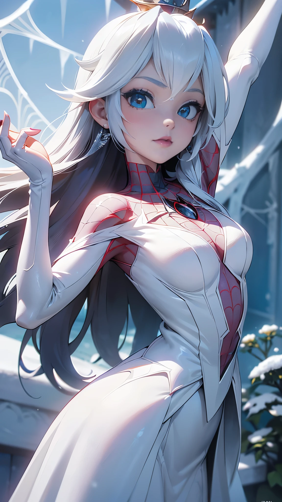 (La mejor calidad,A high resolution,Ultra - detallado,actual),Ariana Grande vestida con un disfraz de spider-girl violeta, (background frozen white trees snow:1.4) , More detailed 8K.motor irreal:1.4,UHD,La mejor calidad:1.4, fotorrealista:1.4, textura de la piel:1.4, obra maestra:1.8,obra-prima, mejor calidad,objeto Objeto], (detailed face features:1.3), (Ojos hermosos azules), (spider-girl White:1.4 ), (background cobweb white the walls:1.4) , (spider-girl:1.4 ), (Traje blanco spider-man), (convexo, Dedos detallados ),  (Perfect anatomy )