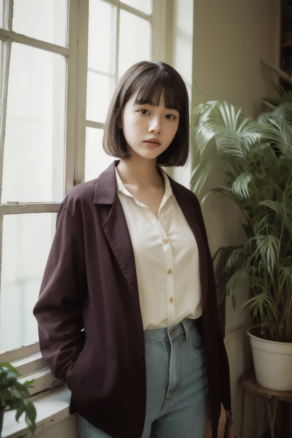 35mm vintage film,
blurry_background, rays,
portrait, A 18 year old Girl, casual shirt,
bangs cut hair, wasteland house, indoor, plant, rim light,