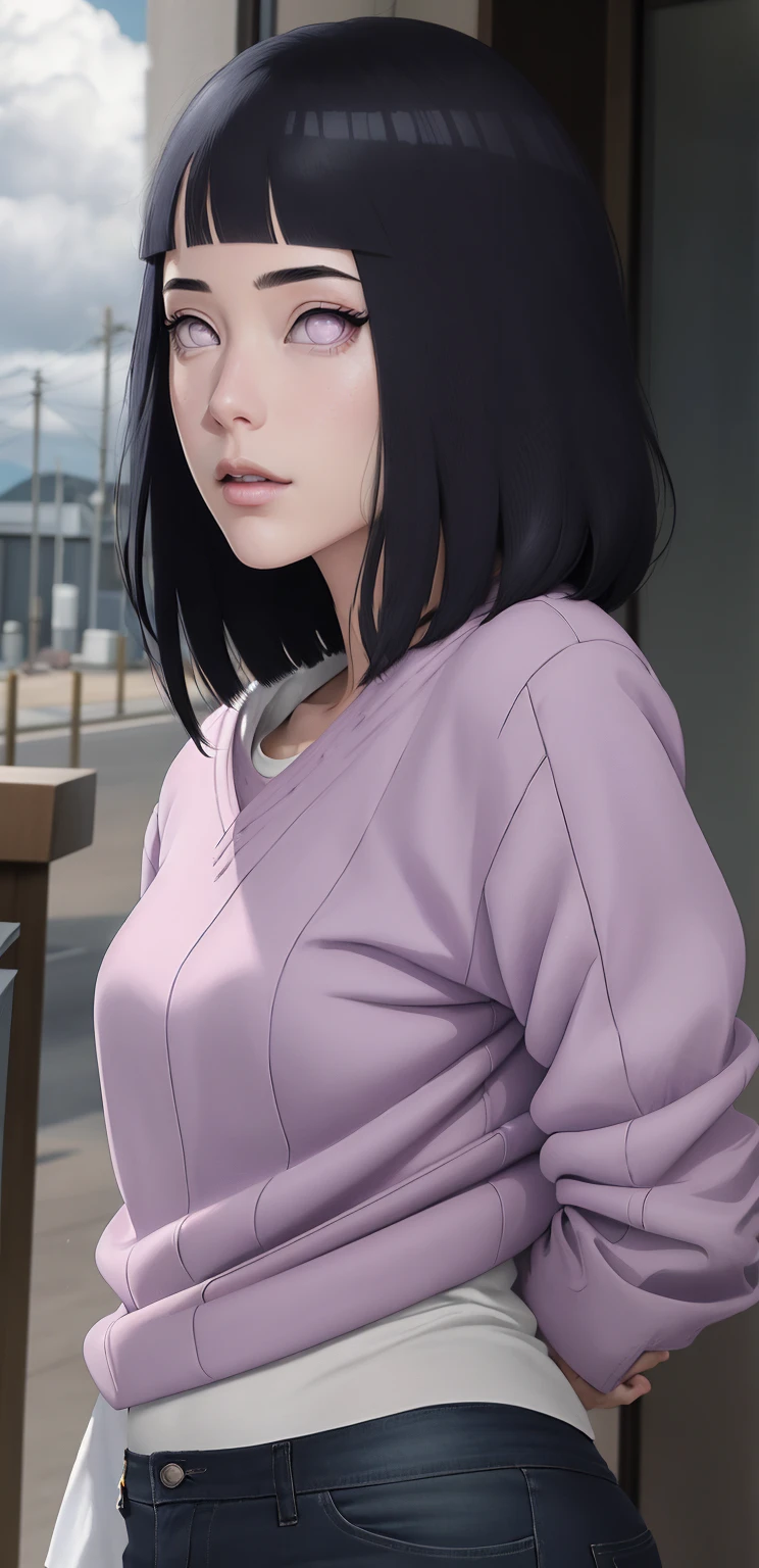 { - anatomy error}(Masterpiece - Ultra-detailed, very high resolution) , absurdos, Hinata\(Boruto\), 1girl, sozinho, female, Capuz roxo,mangas em camadas, jeans, ao ar livre, Cloudy sky, perfect composition, circunstanciado lips, peito grande, beautiful face, body propotion, corar, (pink lips), cabelos pretos curto (black hair), lilac eyes, olhar suave, super realistic, circunstanciado, Photo Session, rosto e corpo realistas, Realistic hair, olhos realistas, nariz realista, realistic lips, anime, walking with lilac shoes.