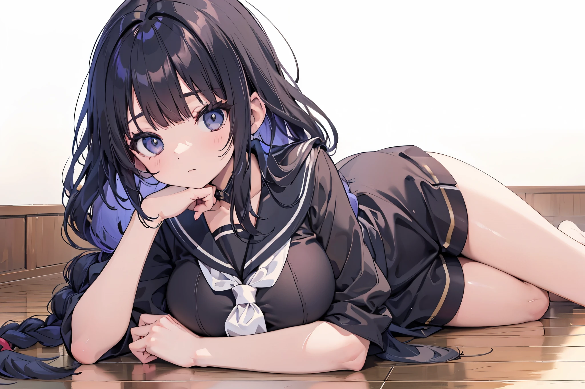 {{big breasts on floor}}、on stomach、black sailor suit、黒色のミニスカート、single braid、Resting chin in hand、巨乳、looking up、