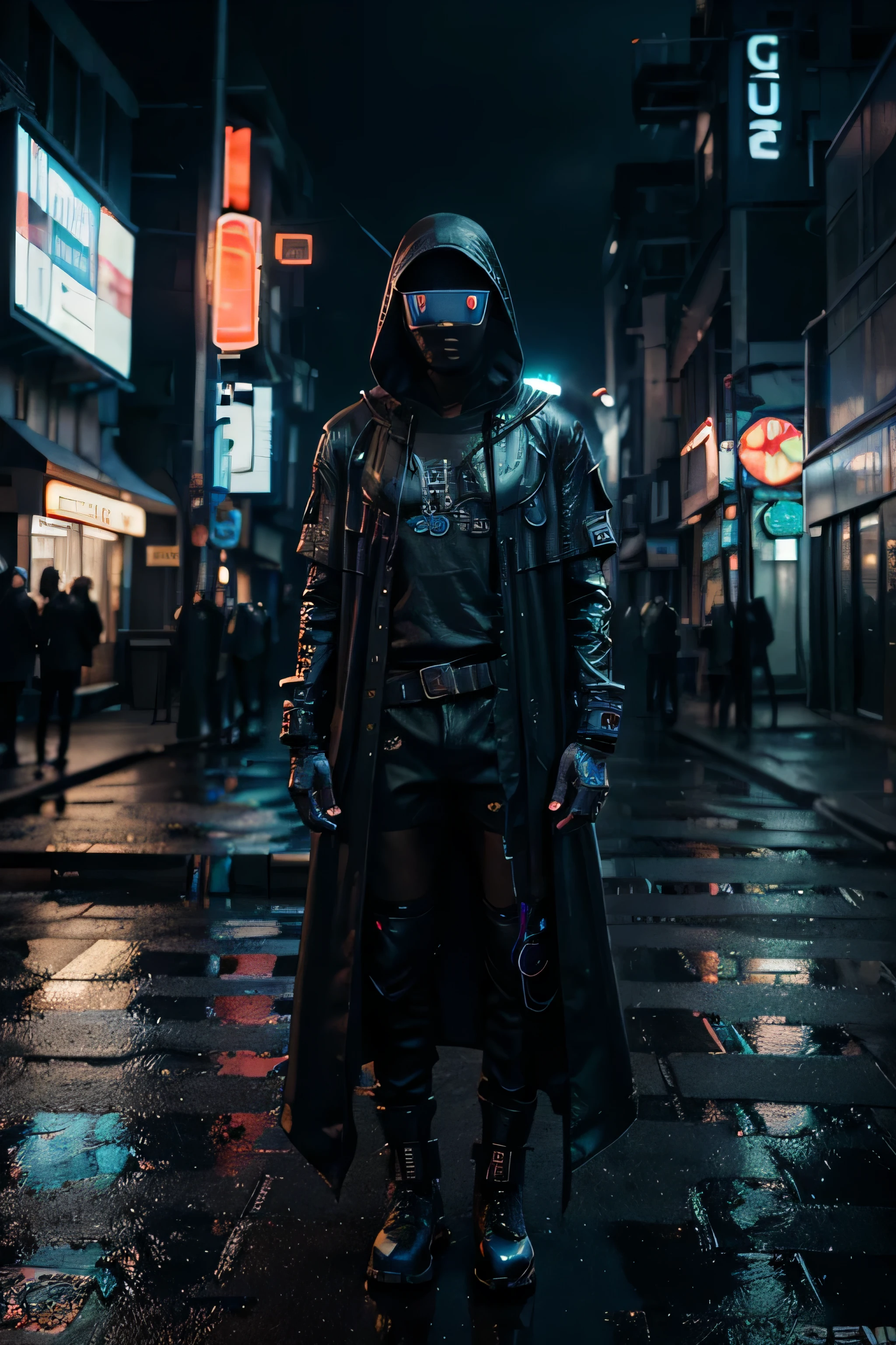 cyberpunk effect on man,3d model,(best quality,4k,8k,highres,masterpiece:1.2),ultra-detailed,(realistic,photorealistic,photo-realistic:1.37),neon lighting,glowing eyes,sci-fi cityscape,futuristic technology,flying cars,dystopian atmosphere,dark alleyways,gas masks,street grunge,urban decay,chrome armor,cybernetic enhancements,high-tech gadgets,holographic displays,virtual reality immersion,tattooed arms and body,hooded cloak,smoke and steam,nighttime rain,retrofuturism,electric blue color,urban chaos,hovering drones,underground hacking,shimmering reflections on wet pavement,datamining and surveillance,grimy neon signs,enhanced vision,injectable implants,digital graffiti,techno music,fast-paced action,hidden conspiracies,edge of reality.