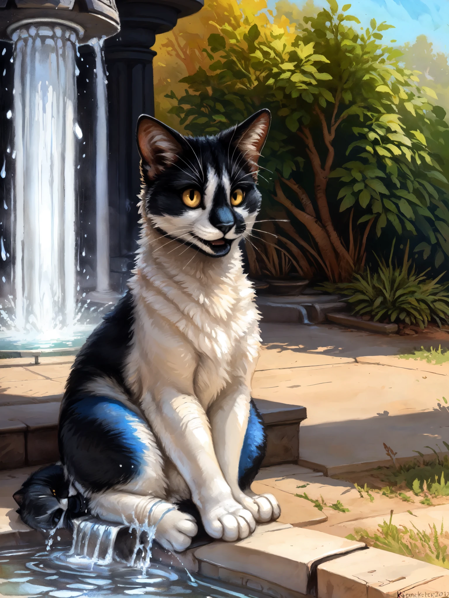 a black and white bicolor cat, feral, black lower lip, yellow eyes, cute, outdoors, at a park, sItting, in front of a mystical water fountain, glowing blue water spraying from water fountain, he looks happy, by kenket
