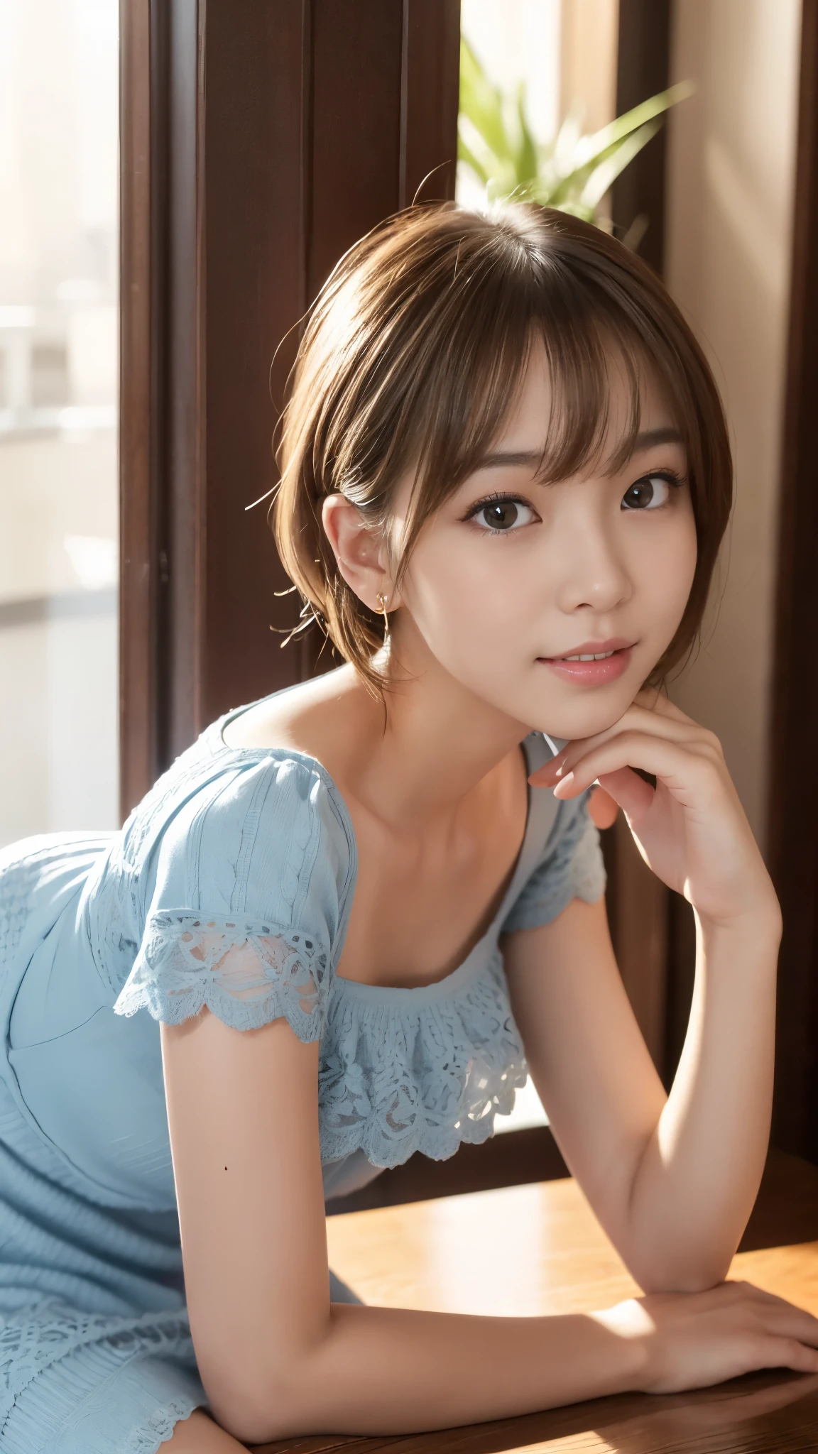 (A very cute 20 year old young woman from Japan),  ((delicate hair between brown and blonde)), ((messy side wave short hair)),medium bust size､small breasts､ (((Clean hands)))，(curly hair)，(((very kind smile))), (((she wears black lace panties)))，(((Wearing a super short light blue knit dress)))，(((I&#39;m wearing a light blue knit dress。))) ((top quality, 16K, table top: 1.3)), light shines on your face, highly detailed face, highly detailed lips, fine eyes, city street，angle from below:1.5，Holding nothing in the hands、